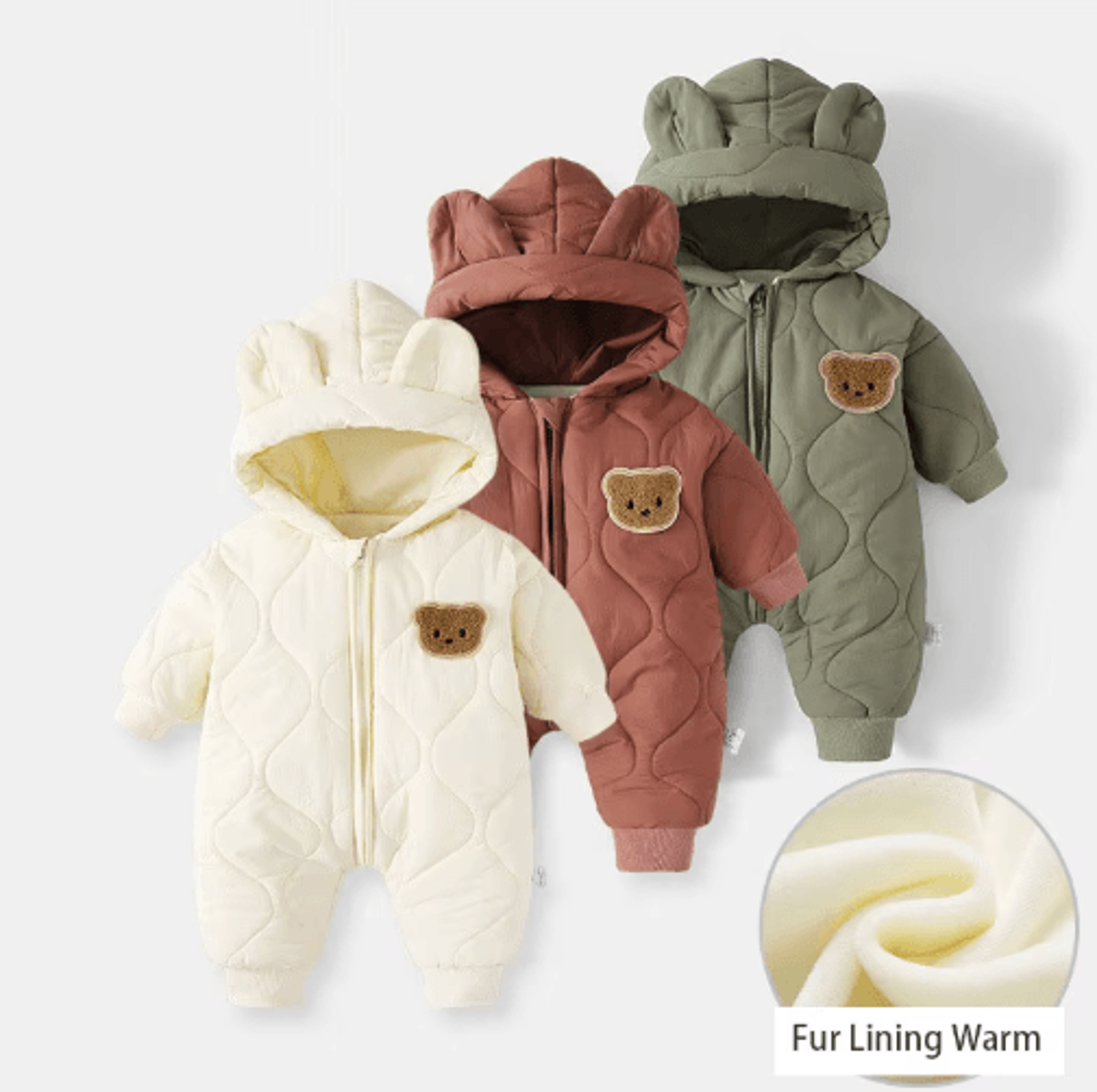 Fur Lined Bear Baby Snowsuit  Warm Winter Romper For Infants  Toddlers 0