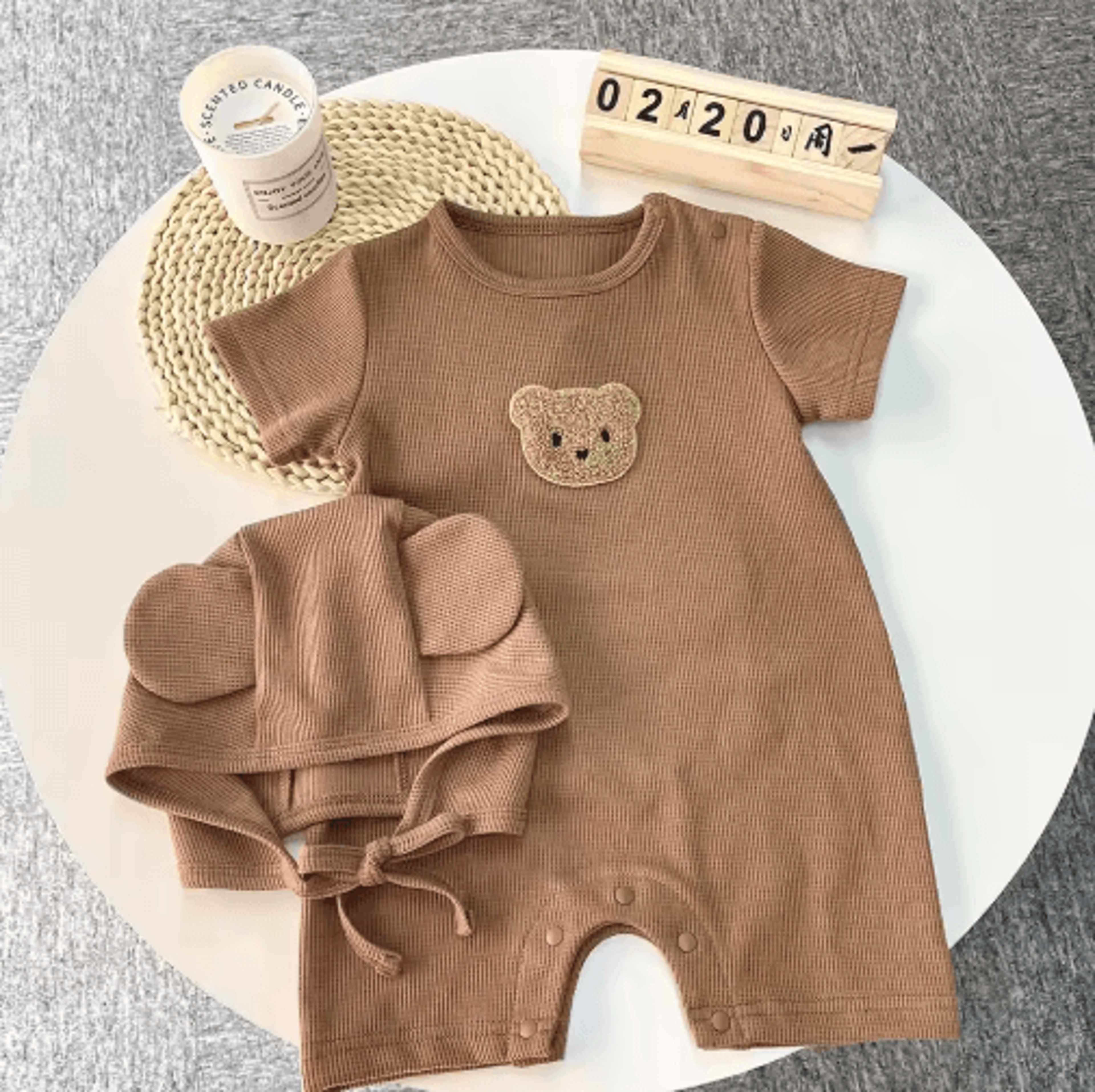 Bear Ear Baby Waffle Romper Set  Cute Baby Waffle Romper With Hat 1