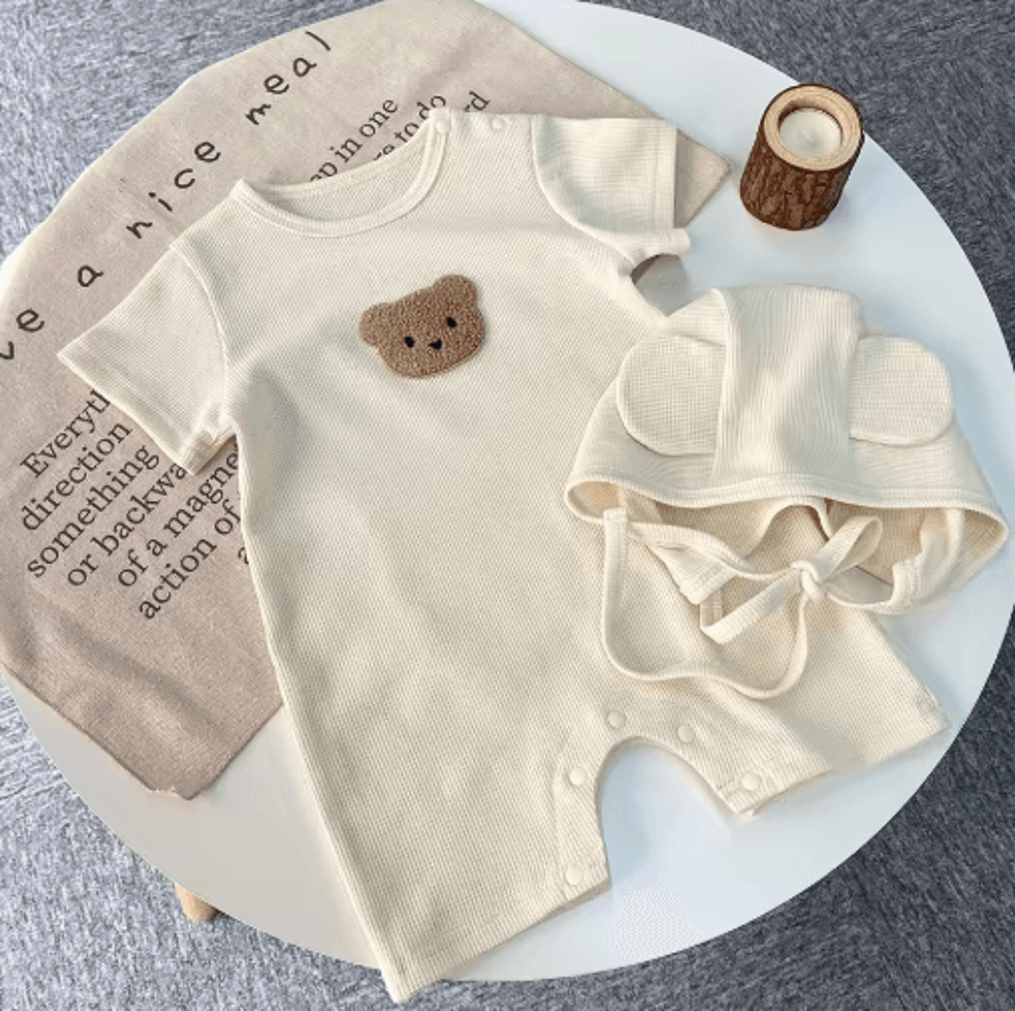 Bear Ear Baby Waffle Romper Set  Cute Baby Waffle Romper With Hat 2
