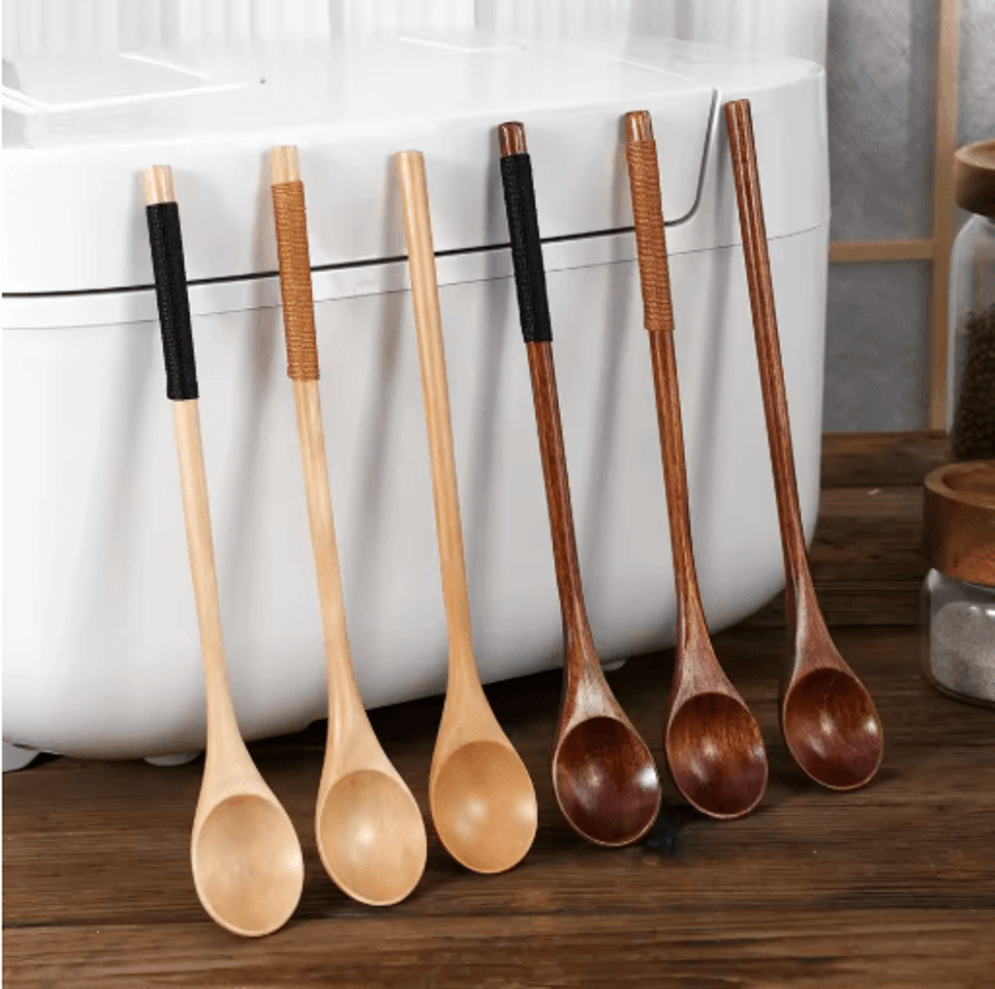 Natural Wooden Tea Spoon Set Long Coffee  Dessert Stirring Spoons 11