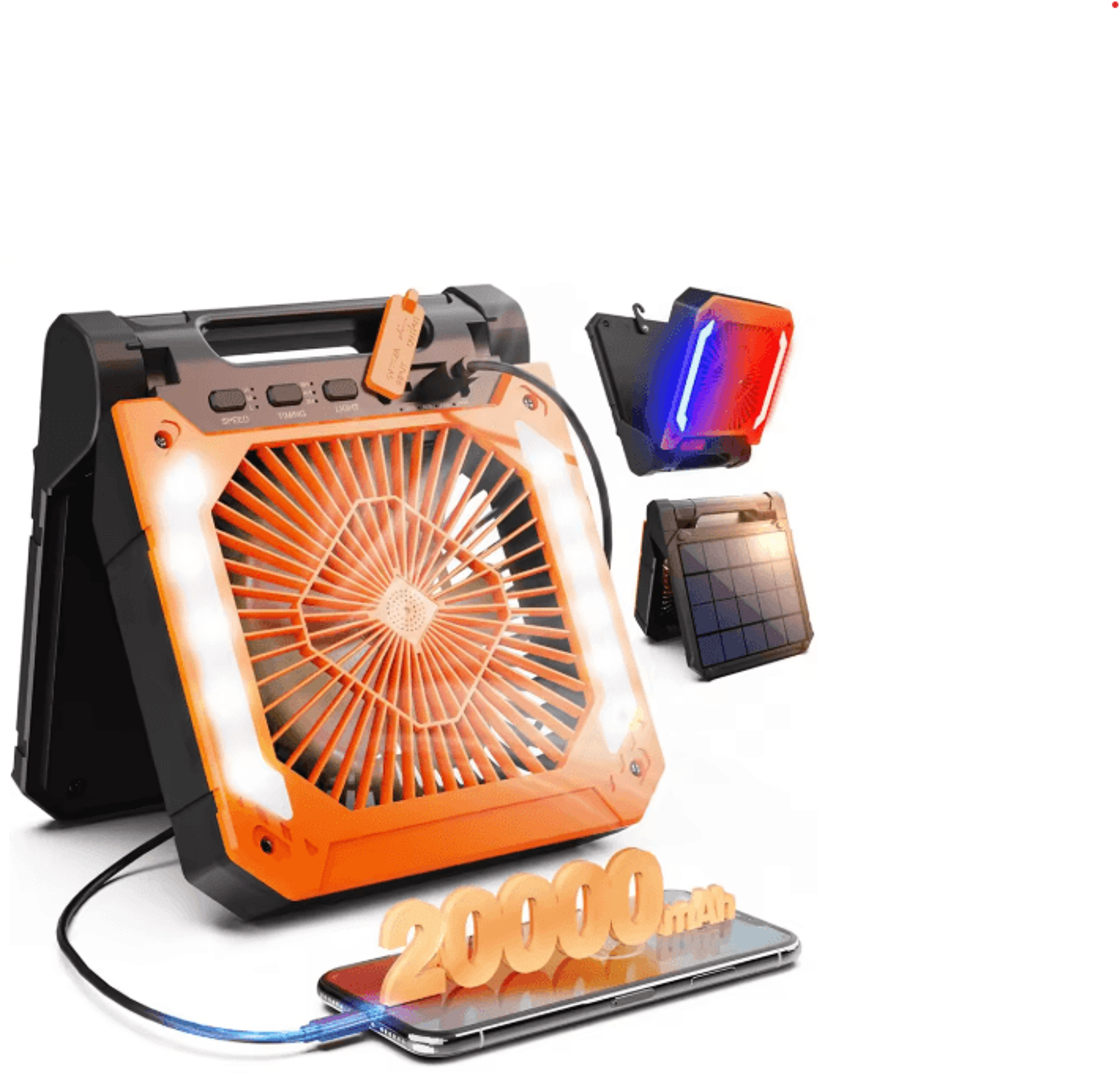 20000mAh Portable Camping Fan With LED Light  Solar  USB Rechargeable Outdoor Cooling Fan 1