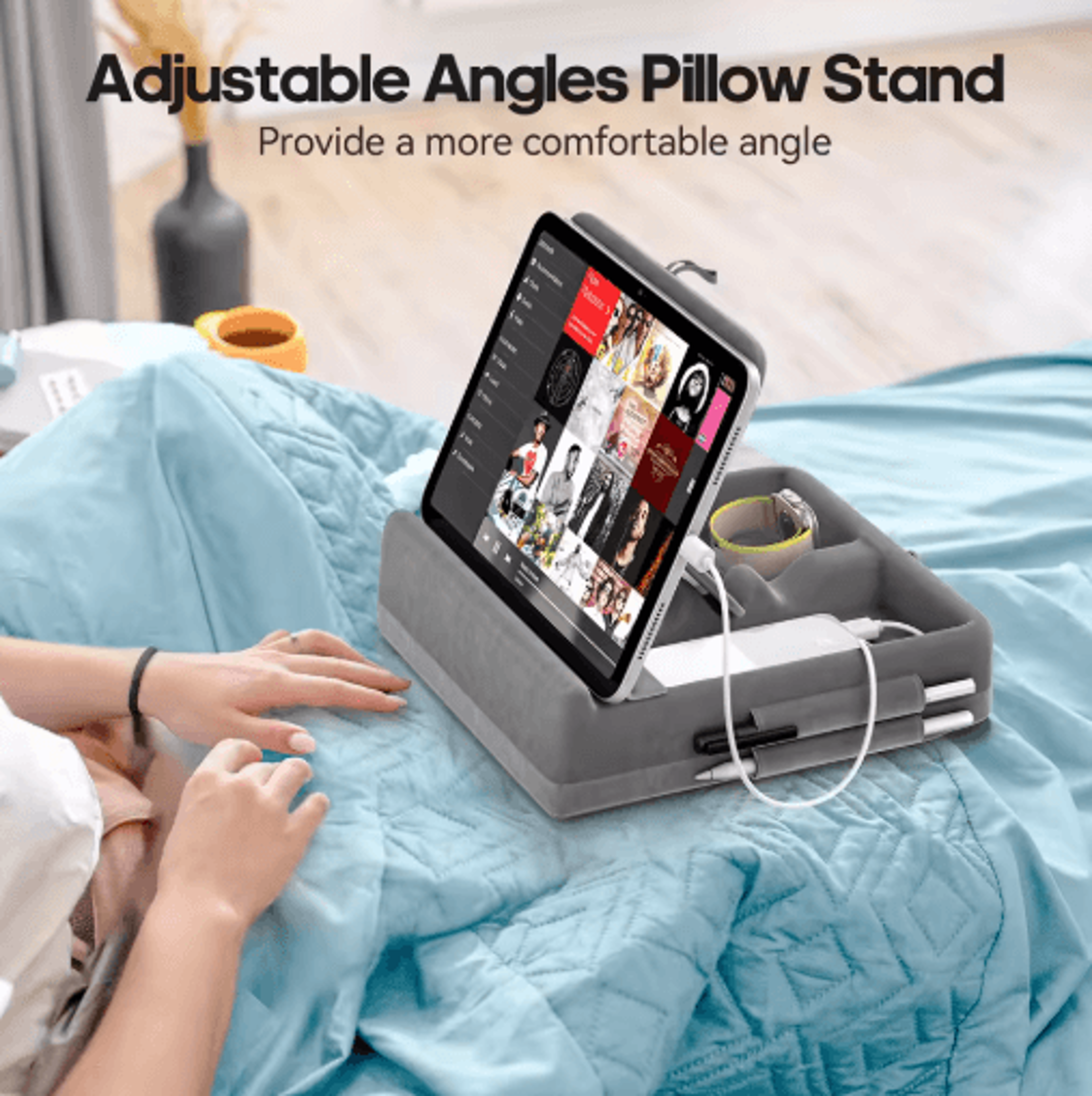 FlexiRest Tablet Pillow Stand Adjustable IPad Stand For Bed With Storage  Stylus Holder 8