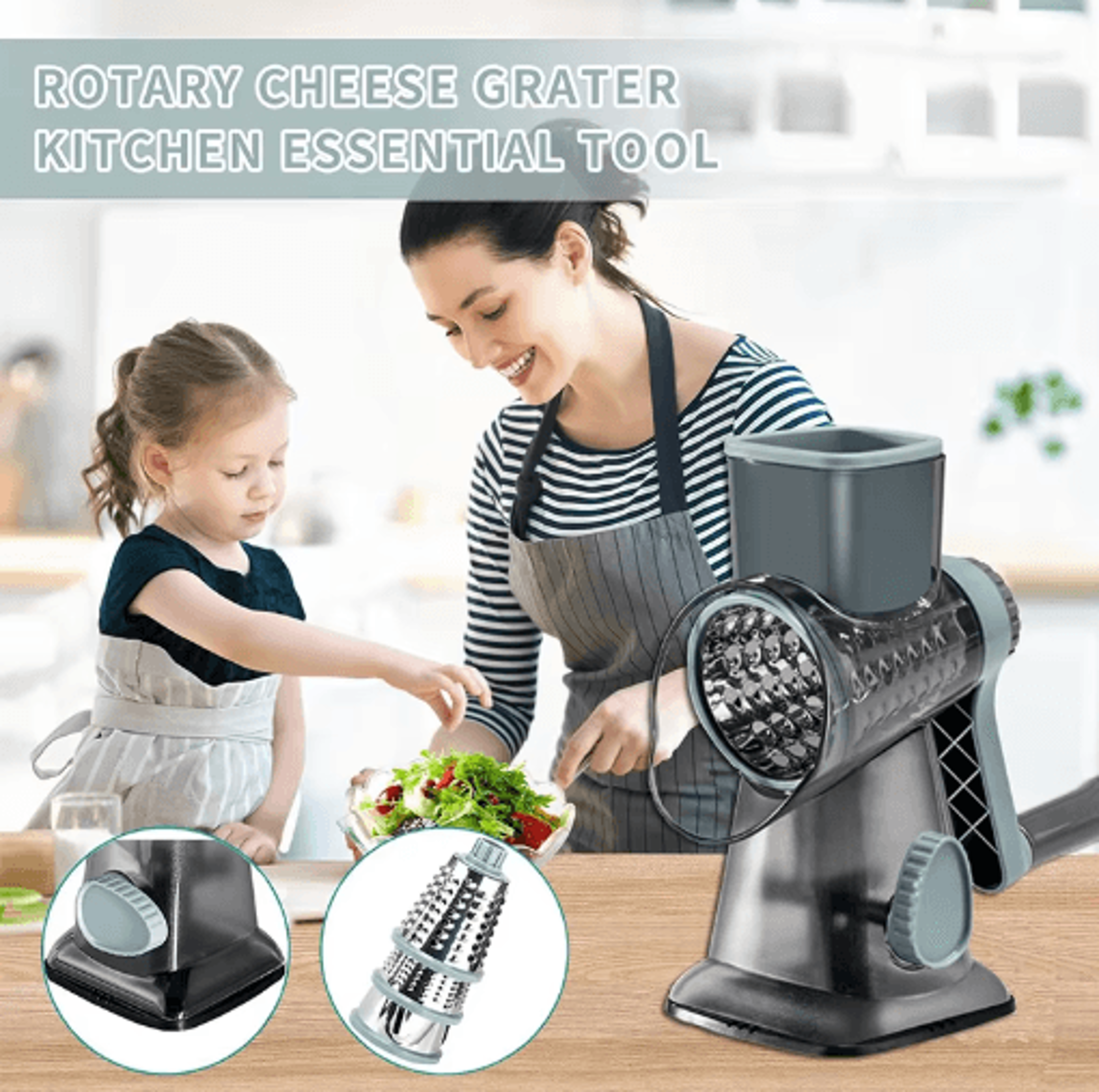 LMETJMA Rotary Cheese Grater 3in1 Manual Vegetable Slicer  Nut Grinder 4