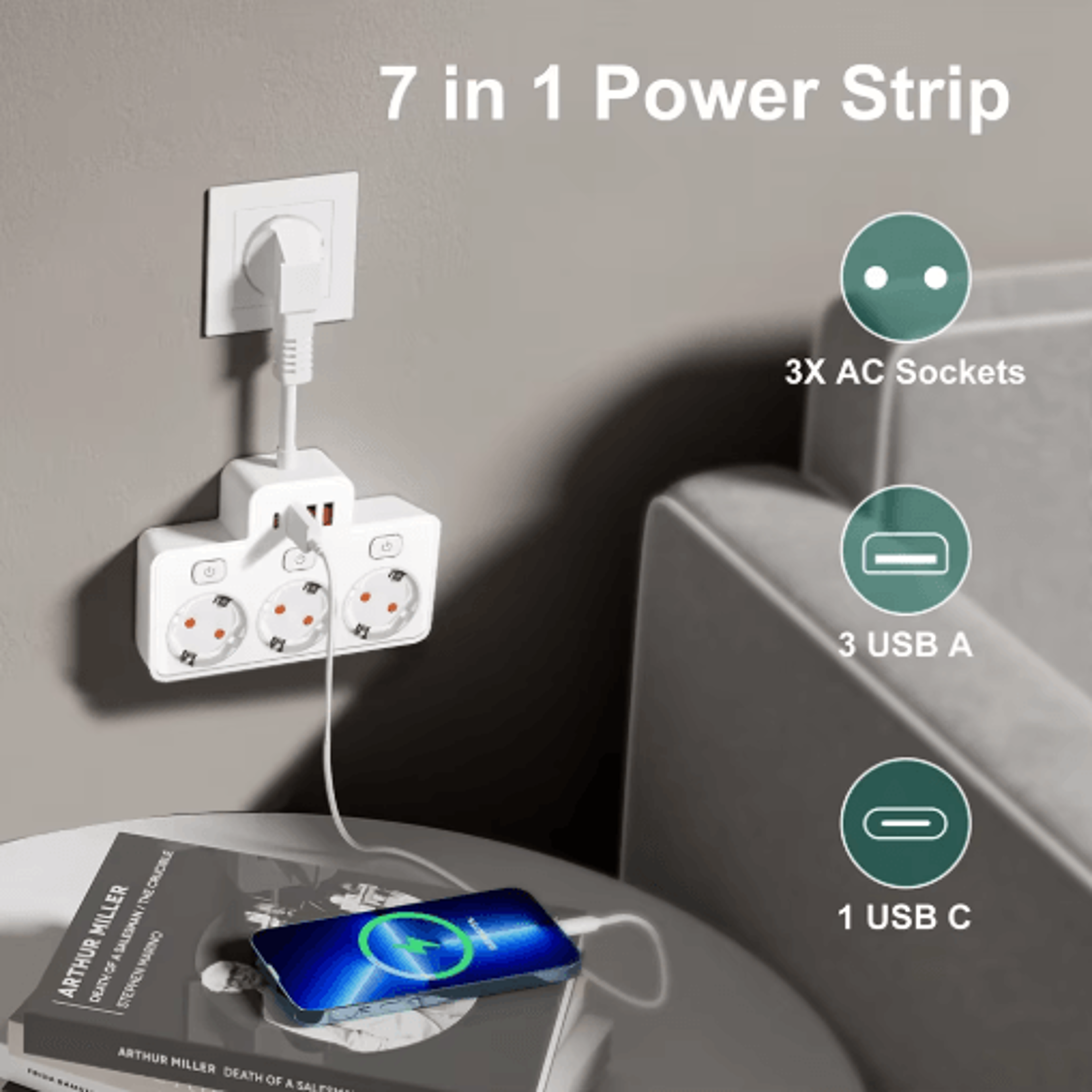 WallMounted Power Strip With USB Surge Protected EU Plug Adapter With Individual Switches 7