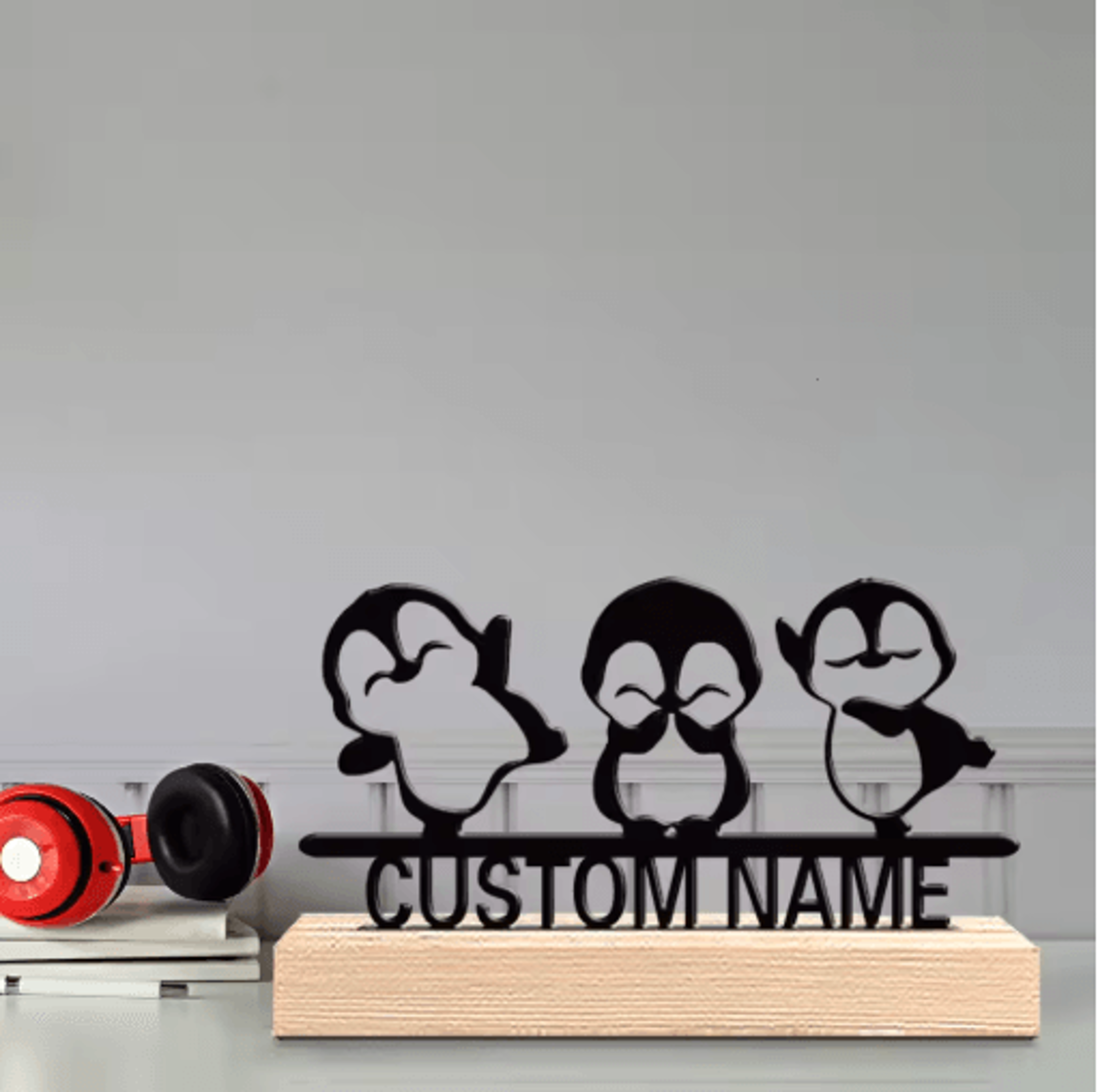 Cute Penguin Metal Statue Decor Adorable Animal Sculpture With Wooden Base For Home  Office 5