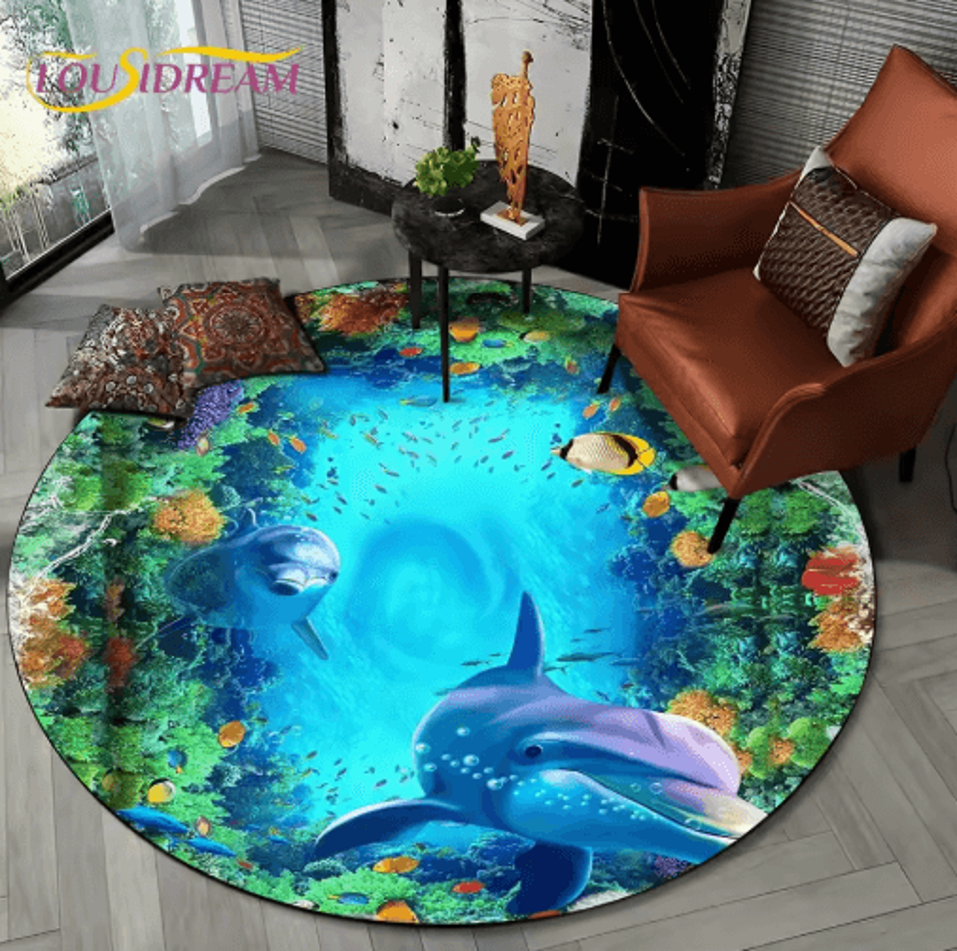 3D Ocean Dolphin Area Rug  NonSlip Underwater Illusion Round Carpet 3