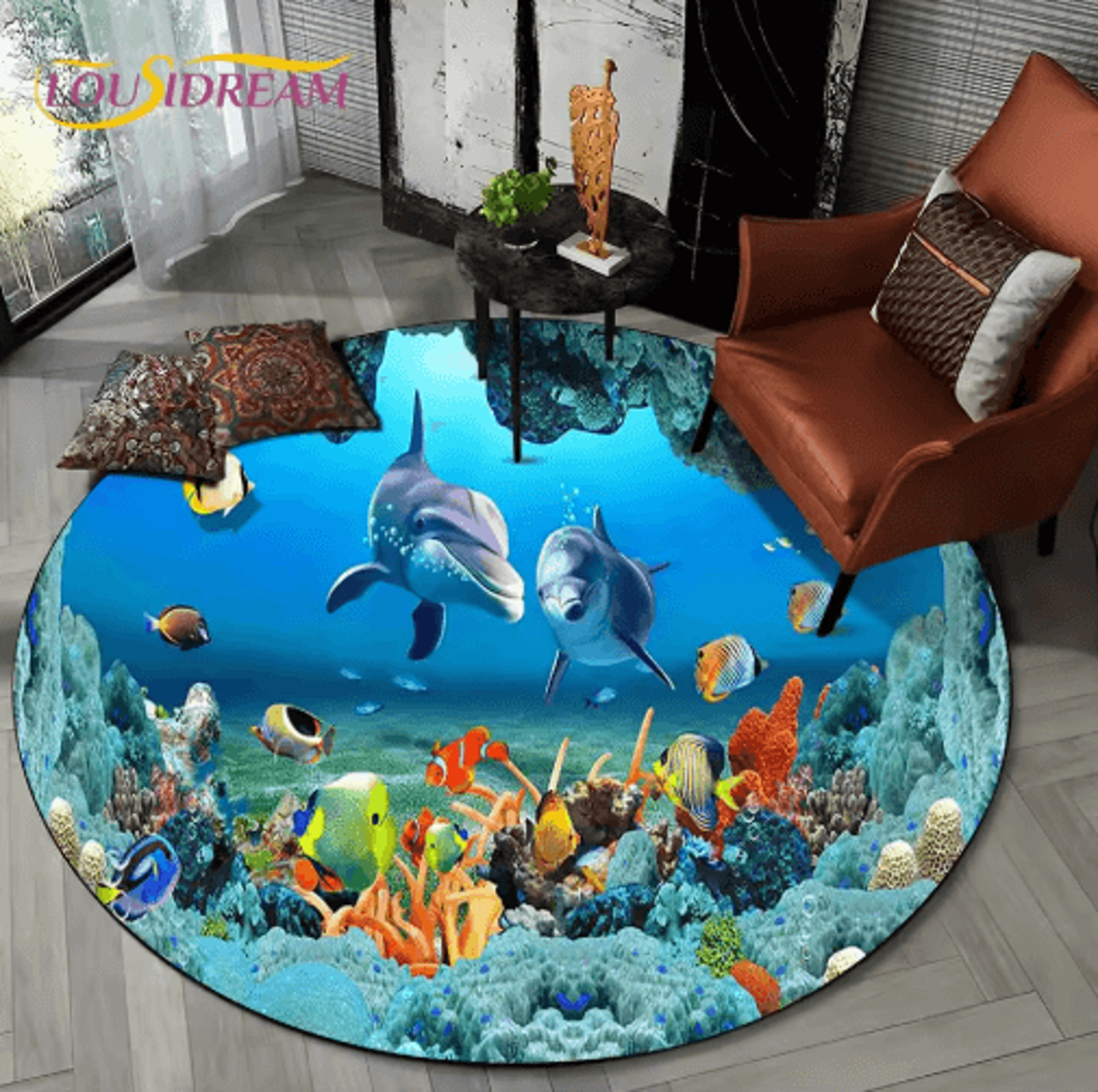3D Ocean Dolphin Area Rug  NonSlip Underwater Illusion Round Carpet 7