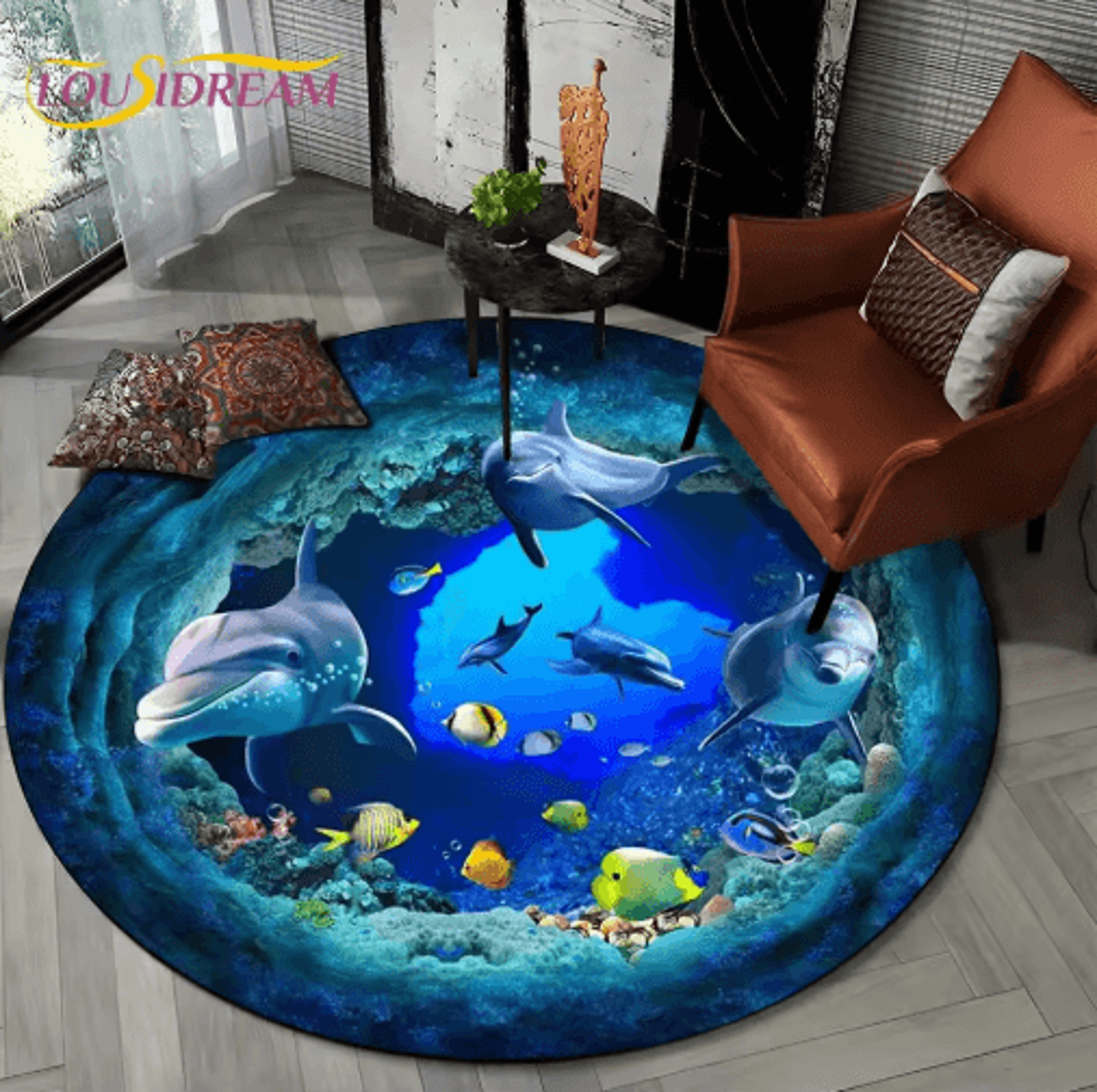 3D Ocean Dolphin Area Rug  NonSlip Underwater Illusion Round Carpet 22