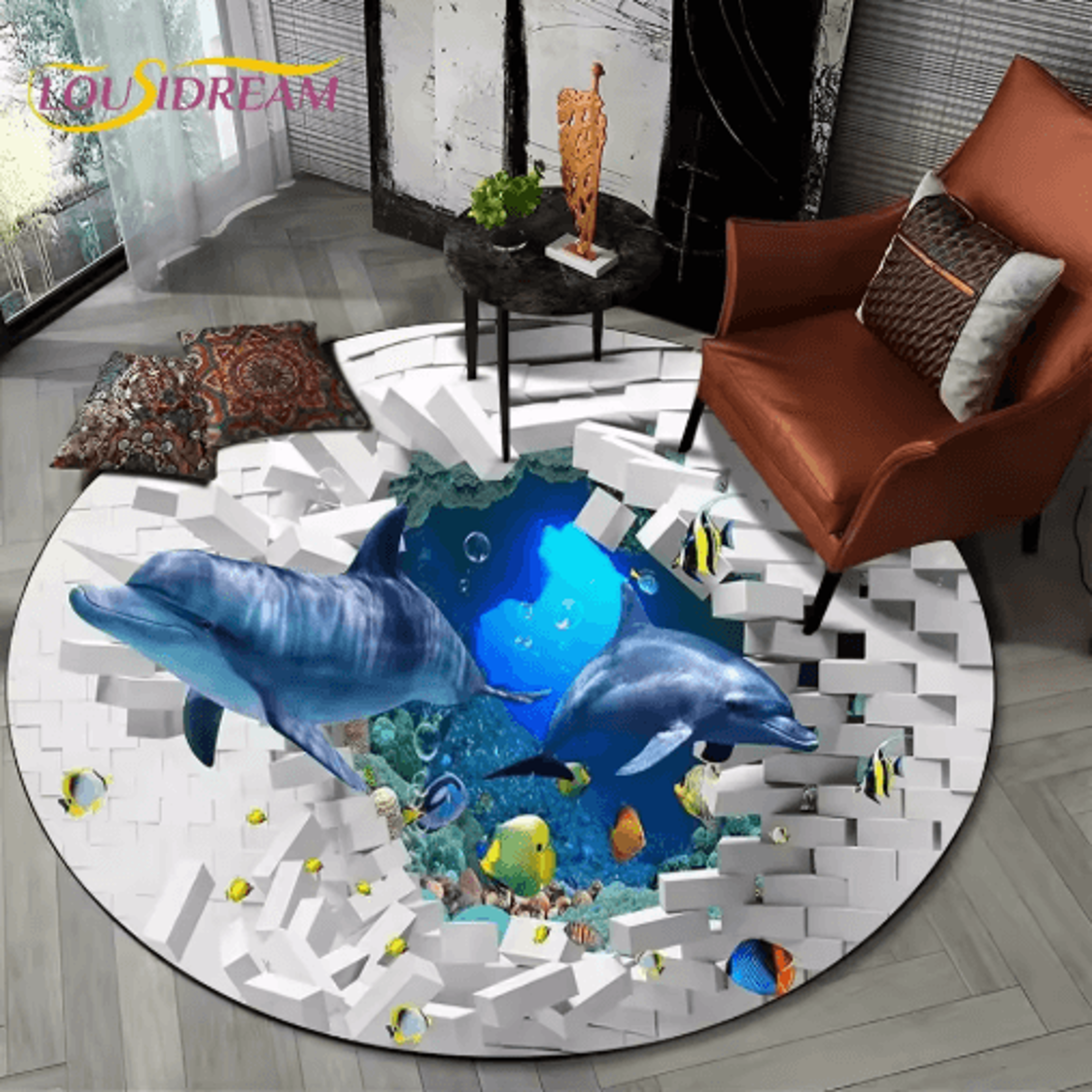 3D Ocean Dolphin Area Rug  NonSlip Underwater Illusion Round Carpet 0