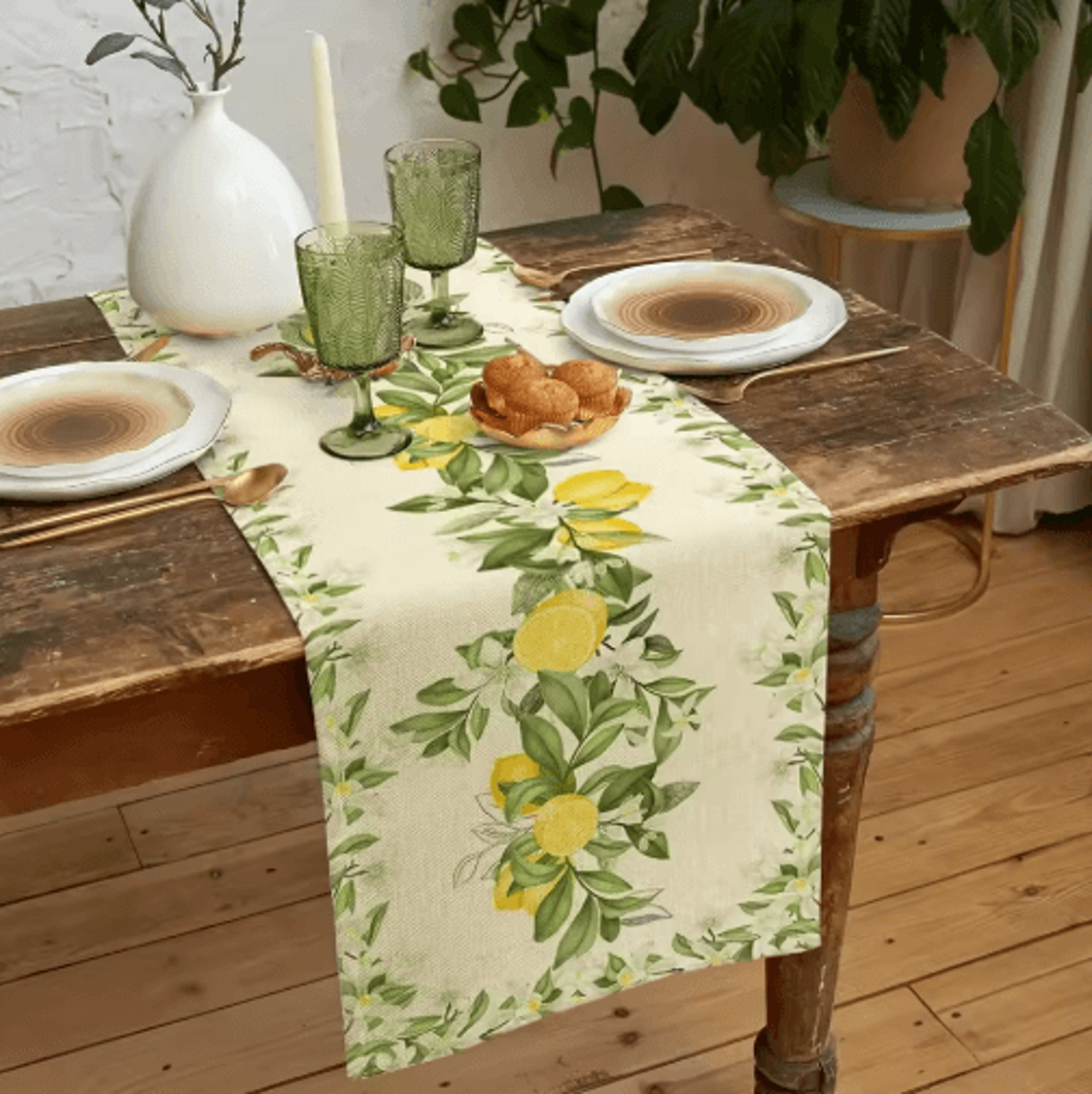 Lemon  Floral Linen Table Runner  Fresh Spring Summer Farmhouse Table Decor 3