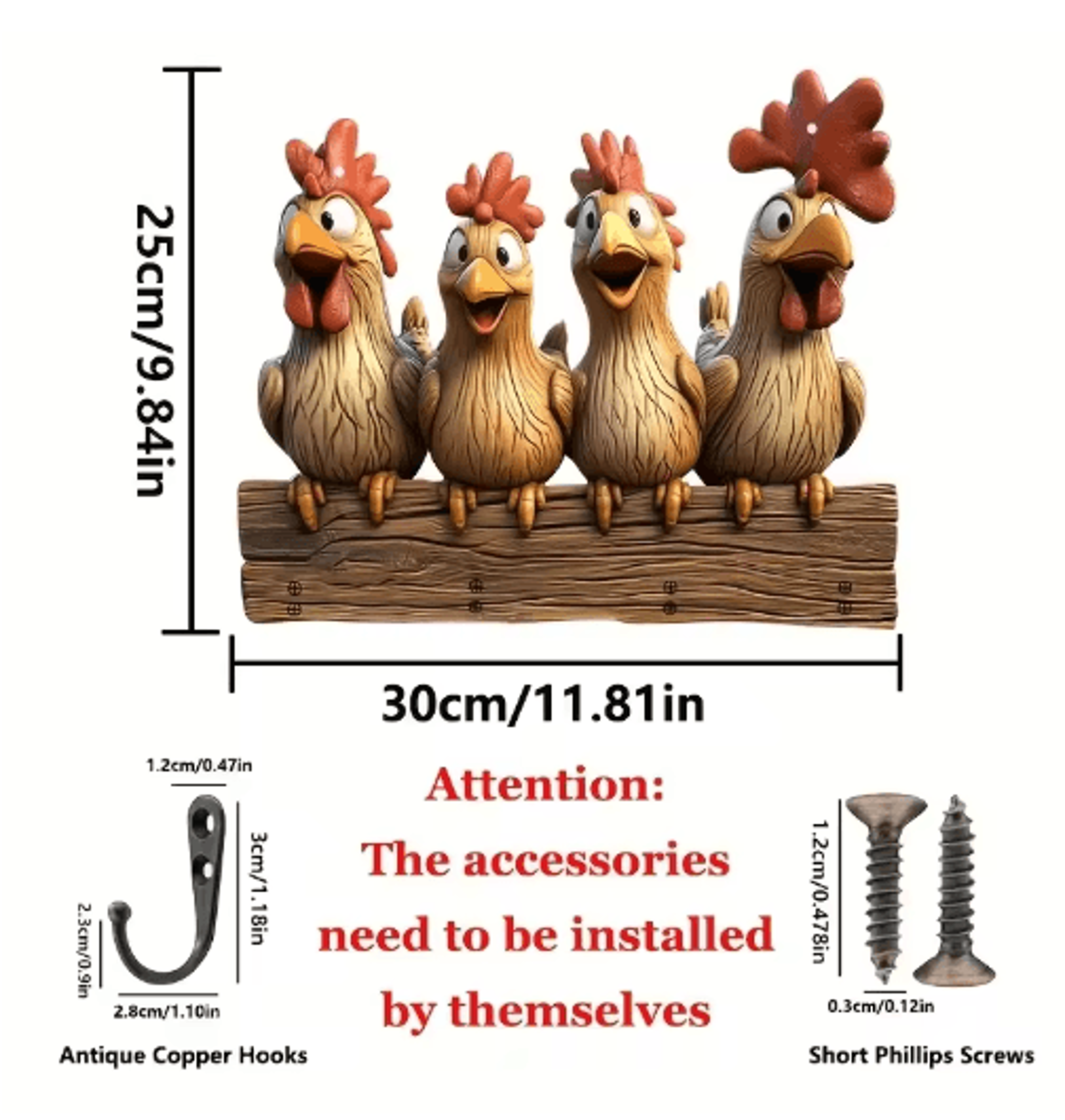 Farmhouse Hen Wooden Key Holder Wall Mount With Rustic Hooks 2