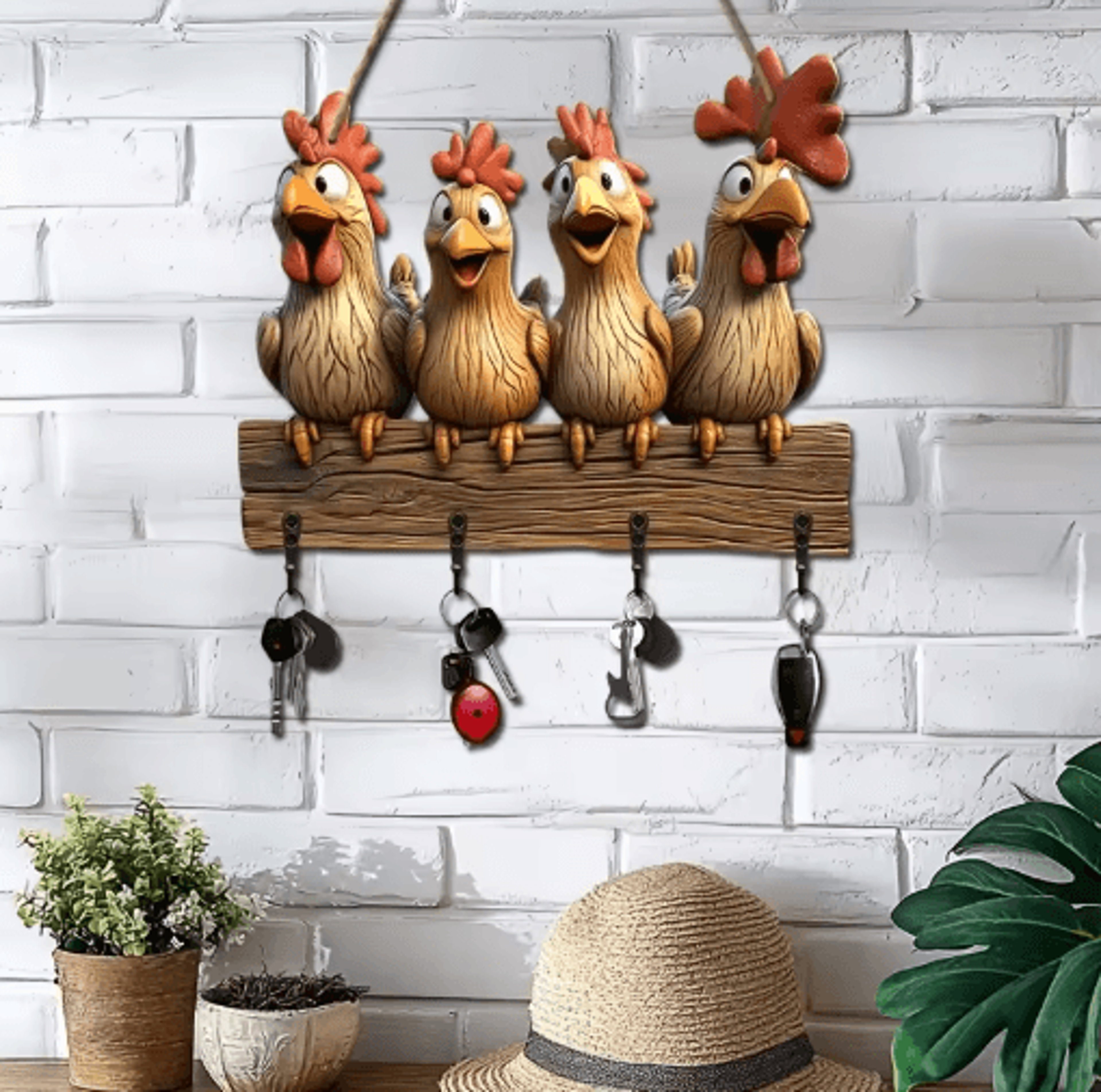 Farmhouse Hen Wooden Key Holder Wall Mount With Rustic Hooks 4
