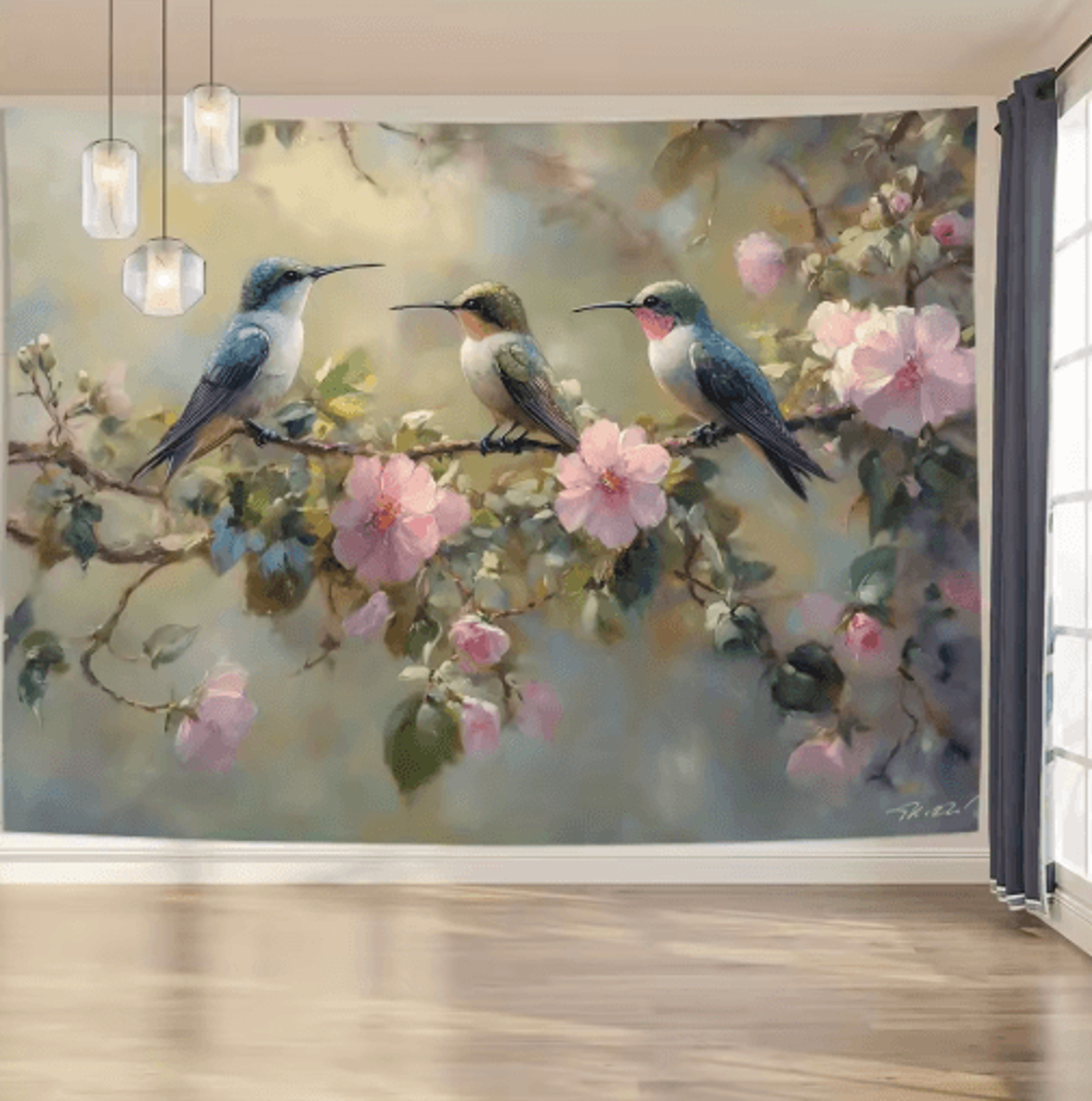 Elegant Hummingbird Wall Tapestry Floral Nature Wall Hanging Decor 3