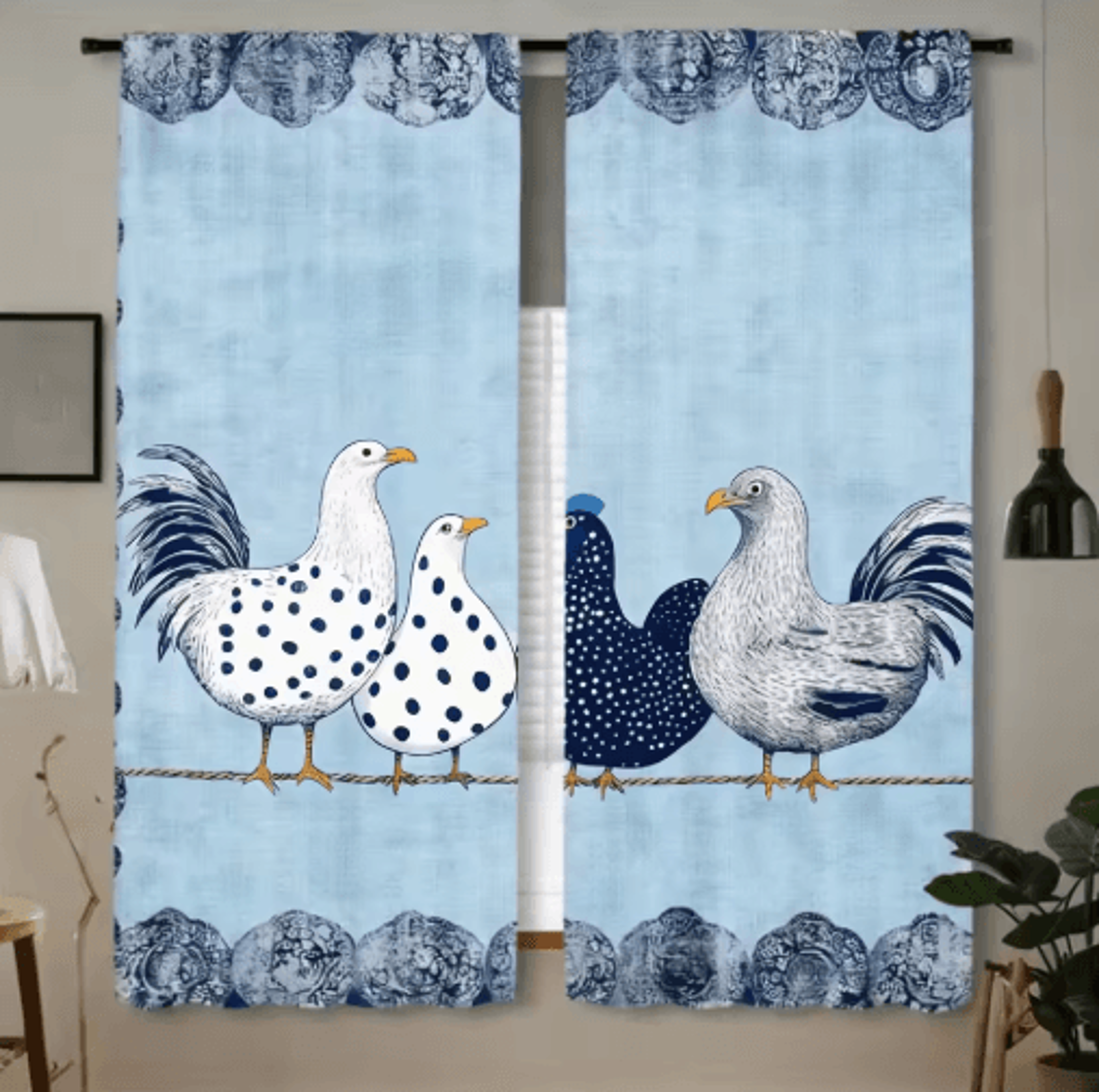 2Piece Cafe Curtains Kitchen Window Retro Polka Dot Chicken Print Panels 1