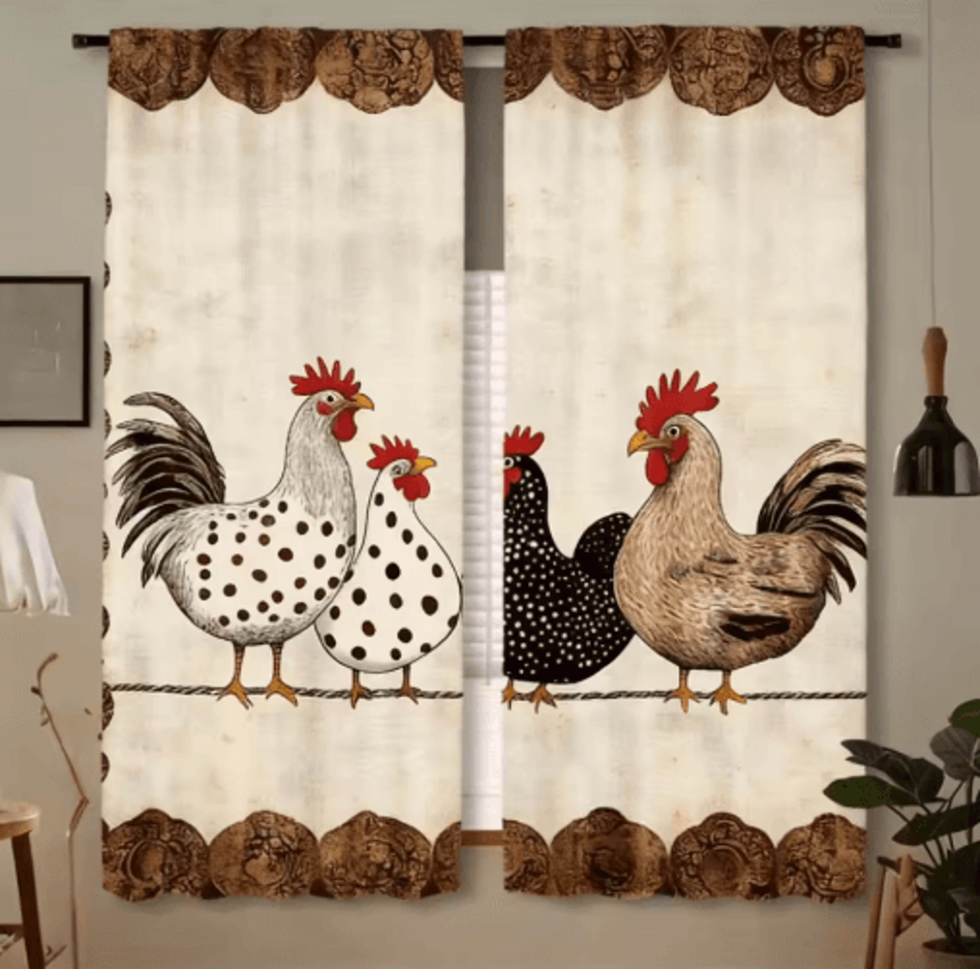 2Piece Cafe Curtains Kitchen Window Retro Polka Dot Chicken Print Panels 5