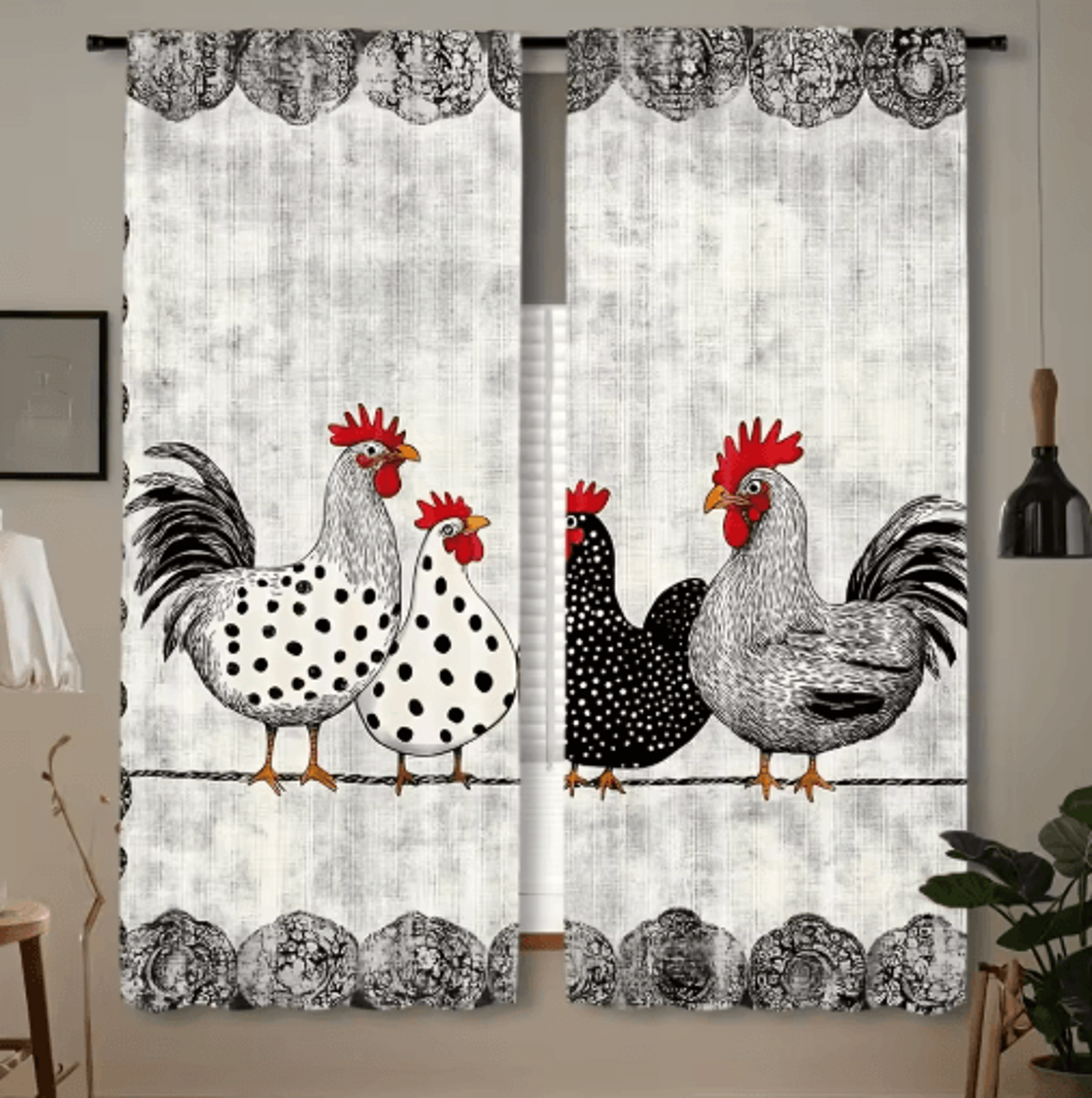 2Piece Cafe Curtains Kitchen Window Retro Polka Dot Chicken Print Panels 7