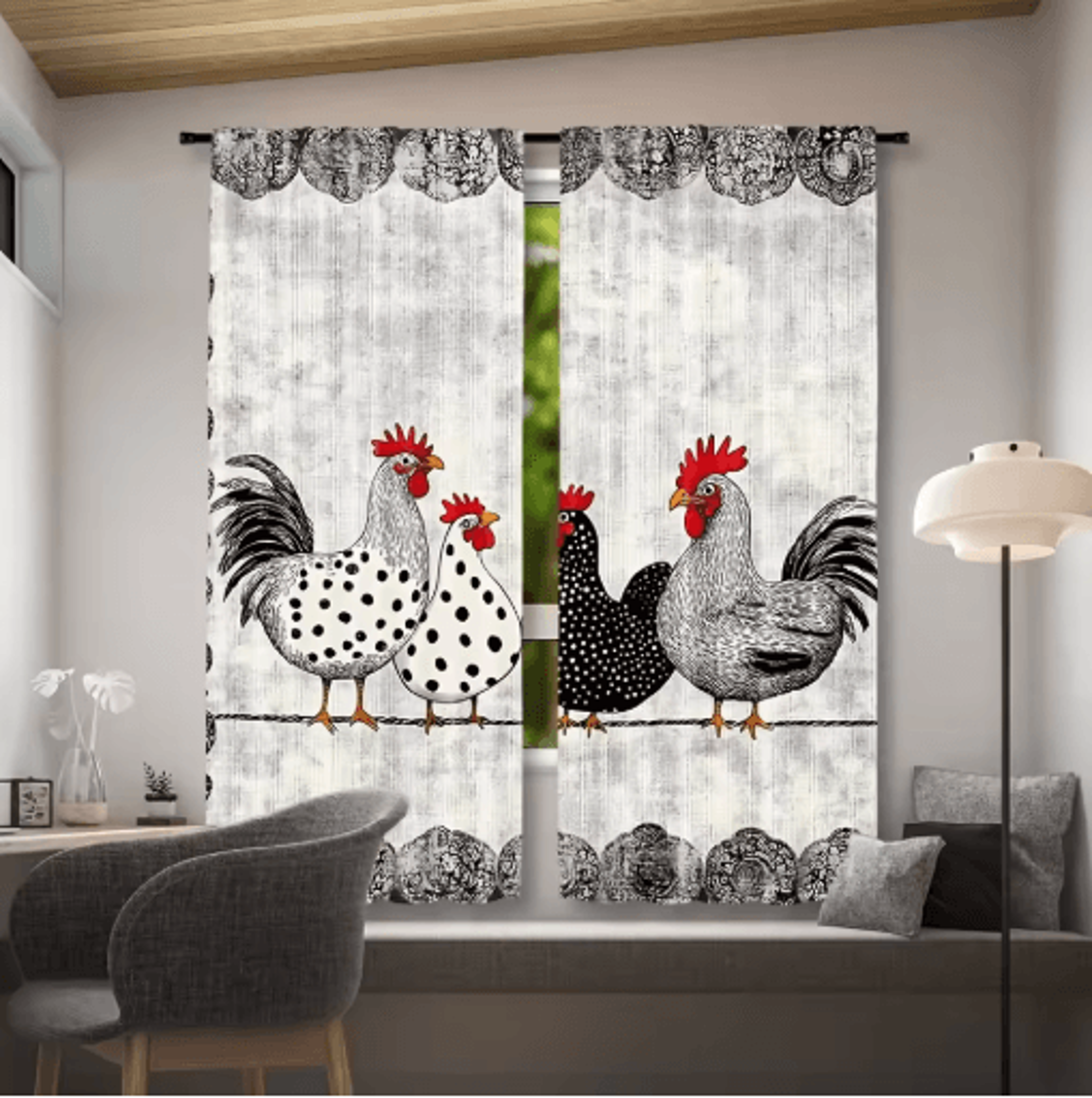 2Piece Cafe Curtains Kitchen Window Retro Polka Dot Chicken Print Panels 9