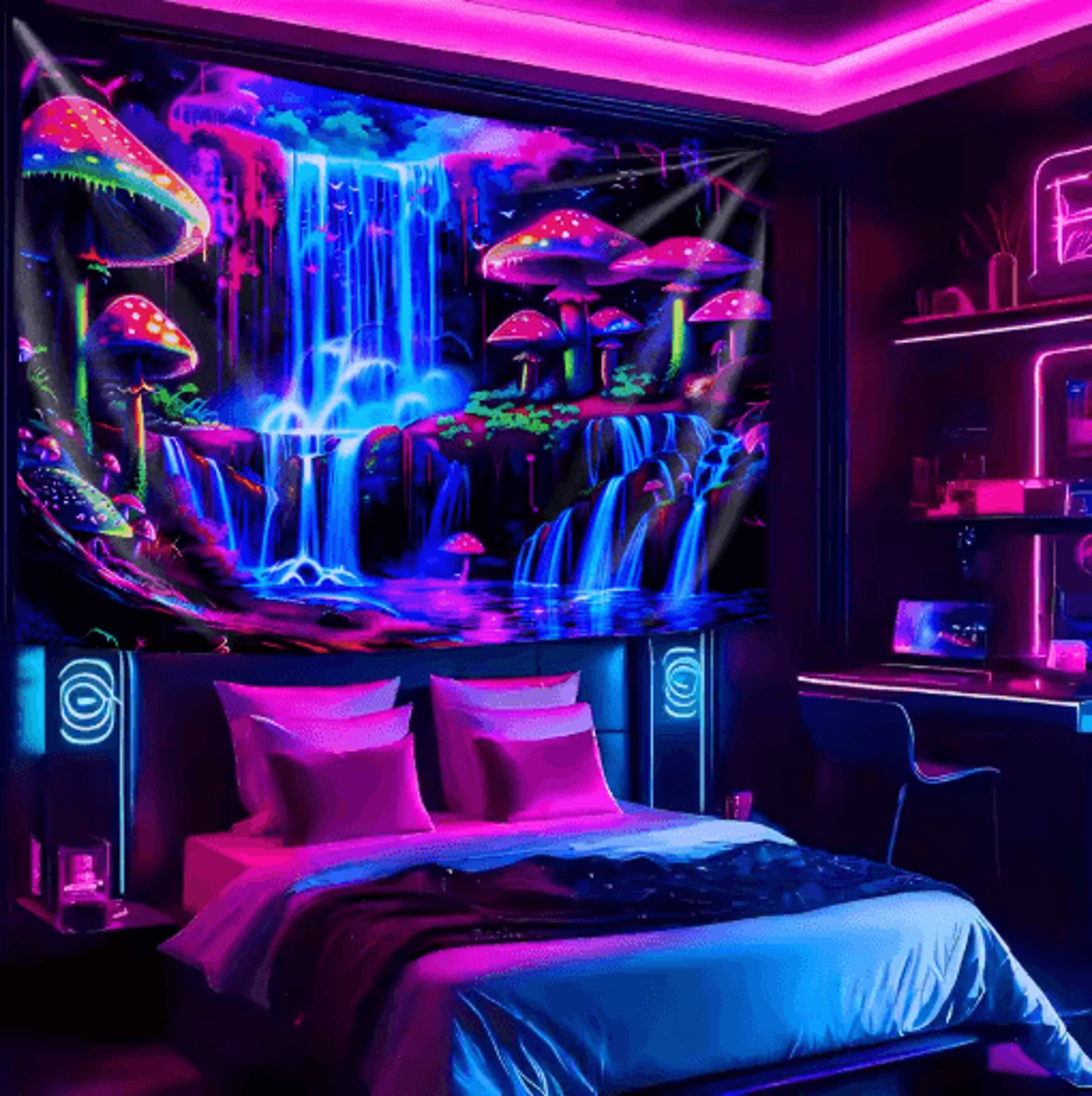 VIKAMA Psychedelic Forest Waterfall Tapestry Cyberpunk Wall Decor For Gaming  Living Spaces 1