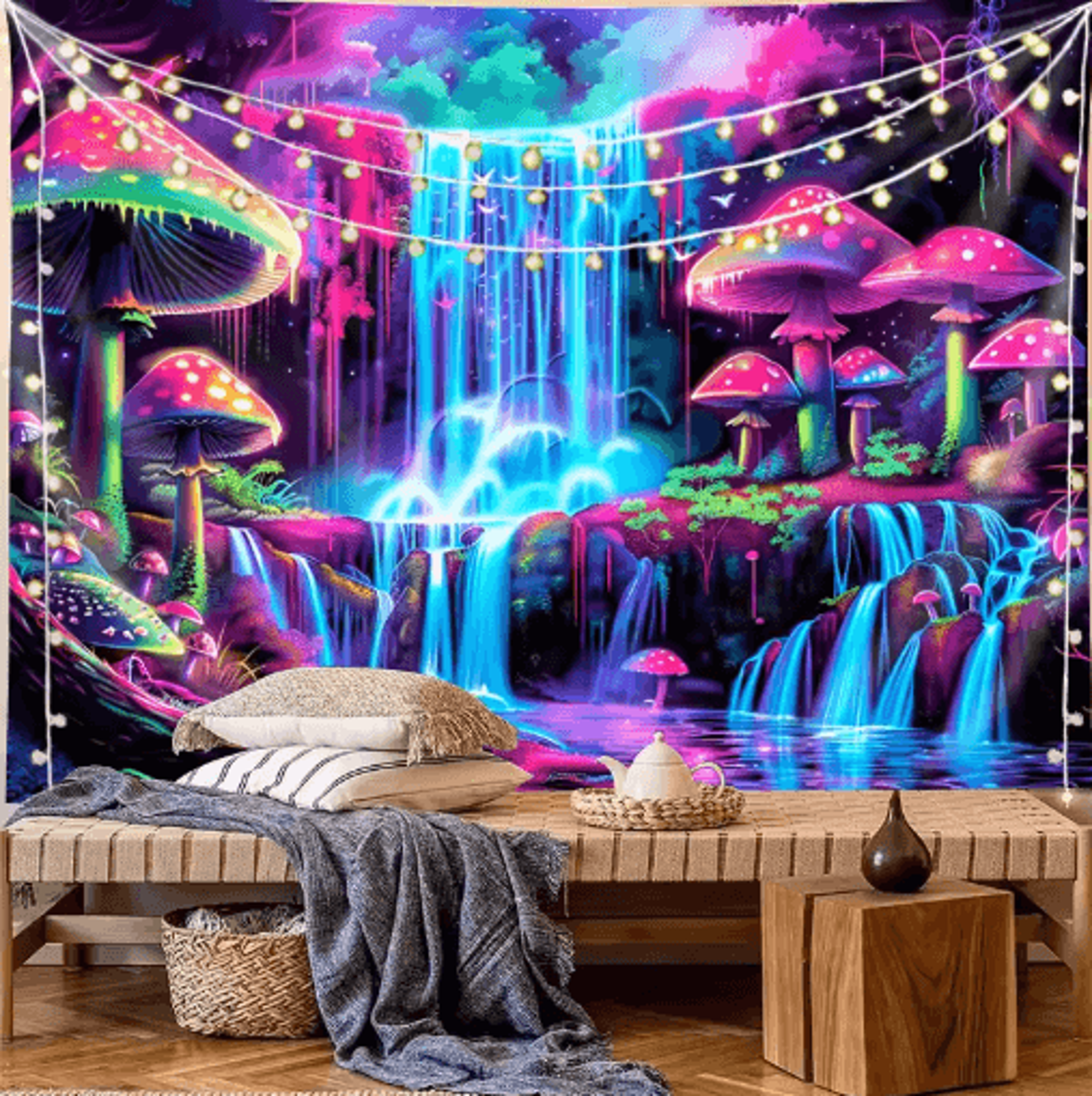 VIKAMA Psychedelic Forest Waterfall Tapestry Cyberpunk Wall Decor For Gaming  Living Spaces 4