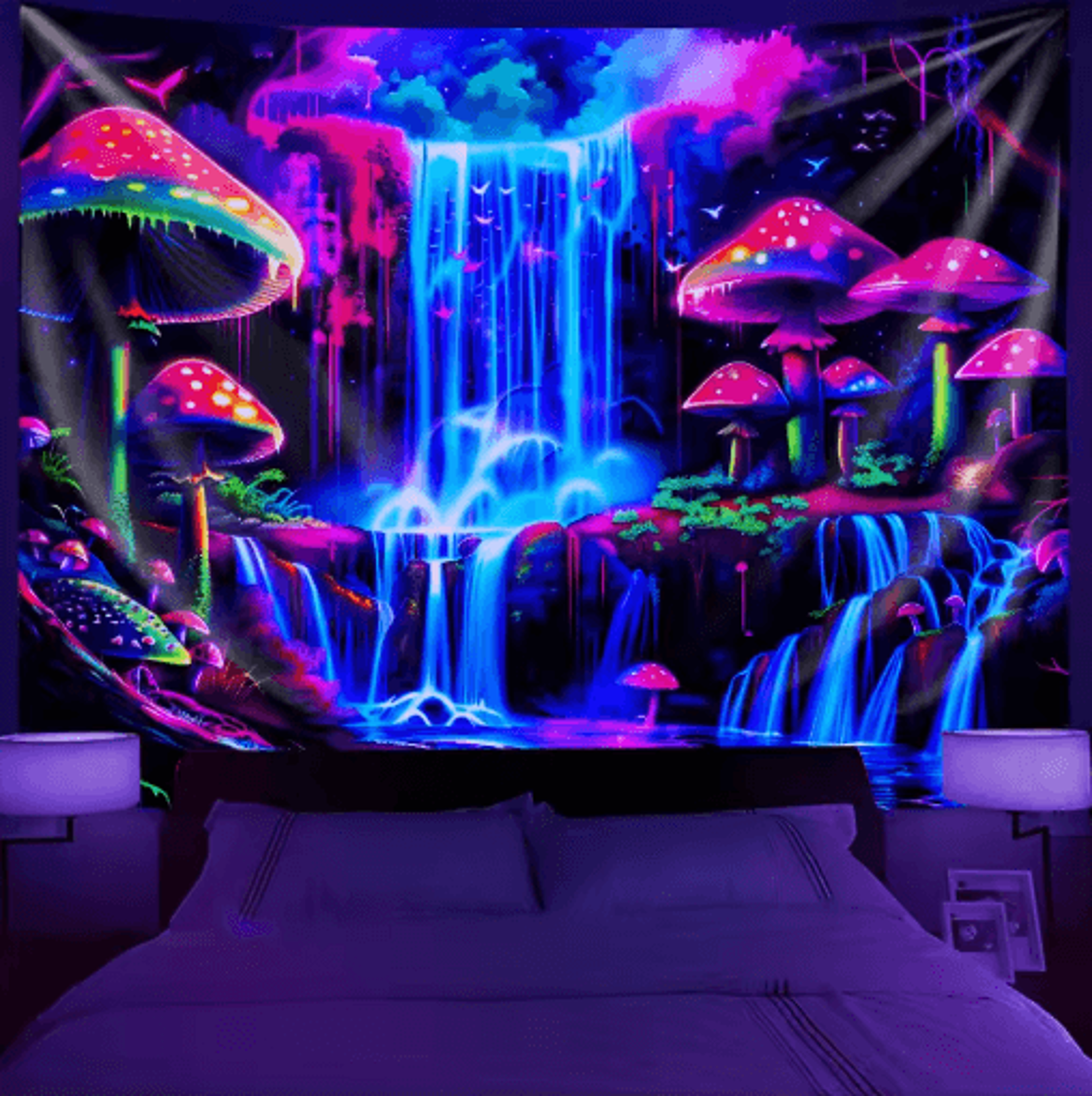 VIKAMA Psychedelic Forest Waterfall Tapestry Cyberpunk Wall Decor For Gaming  Living Spaces 0
