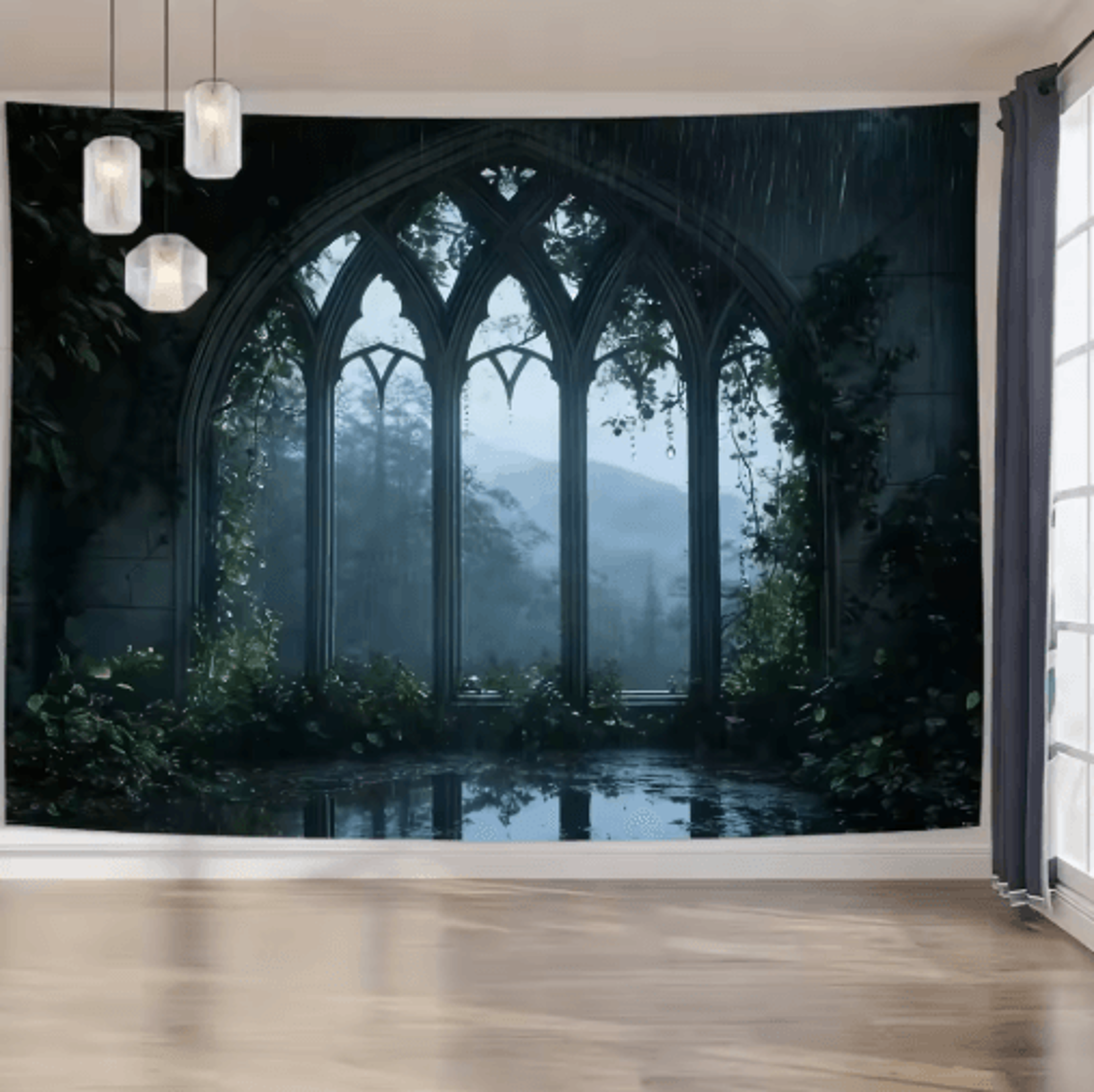 EtherealView Gothic Window Tapestry  Lush Green Landscape Wall Hanging Decor 6