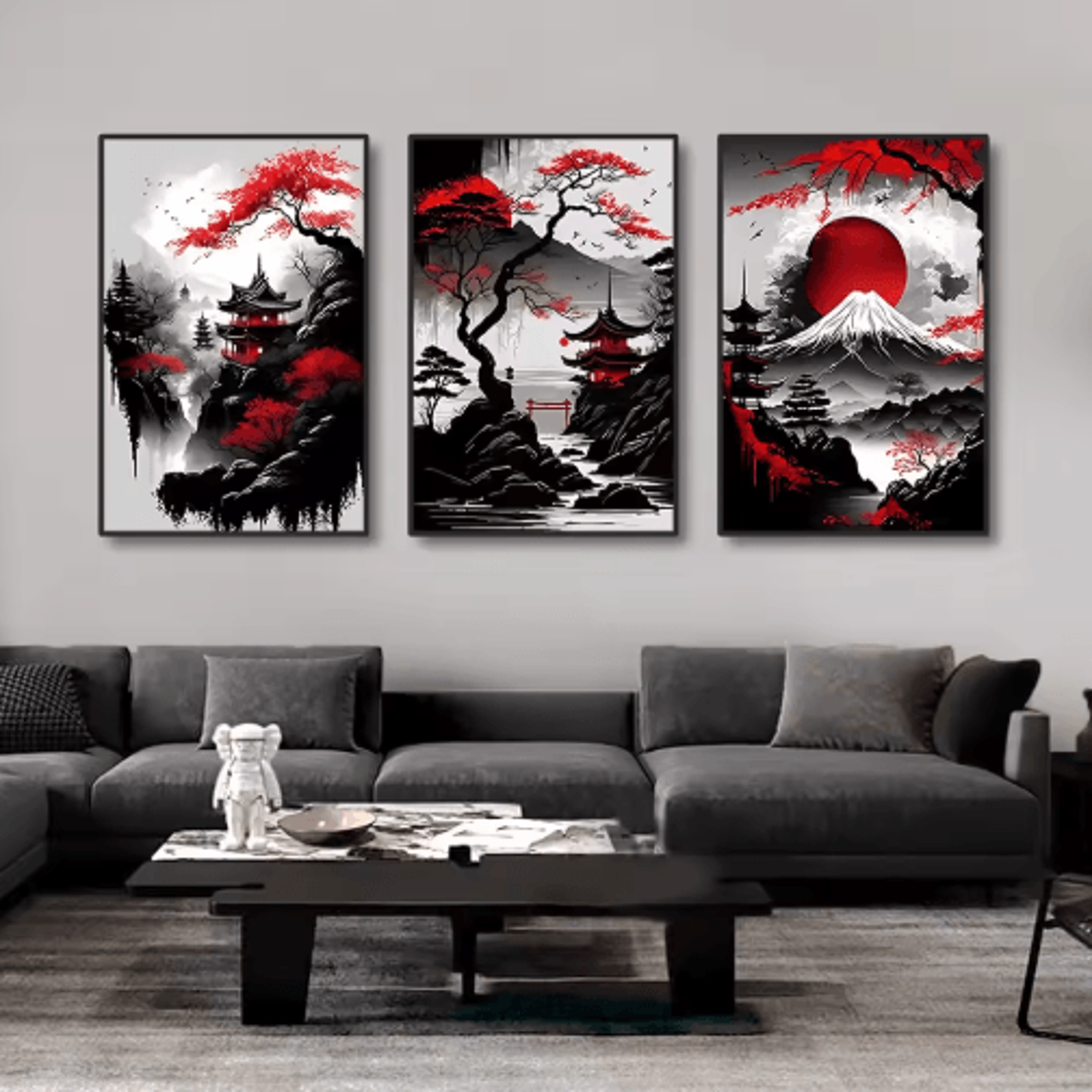 Vintage Japanese Landscape Wall Art Set Black  Red Oriental Canvas Prints 3PCS 6