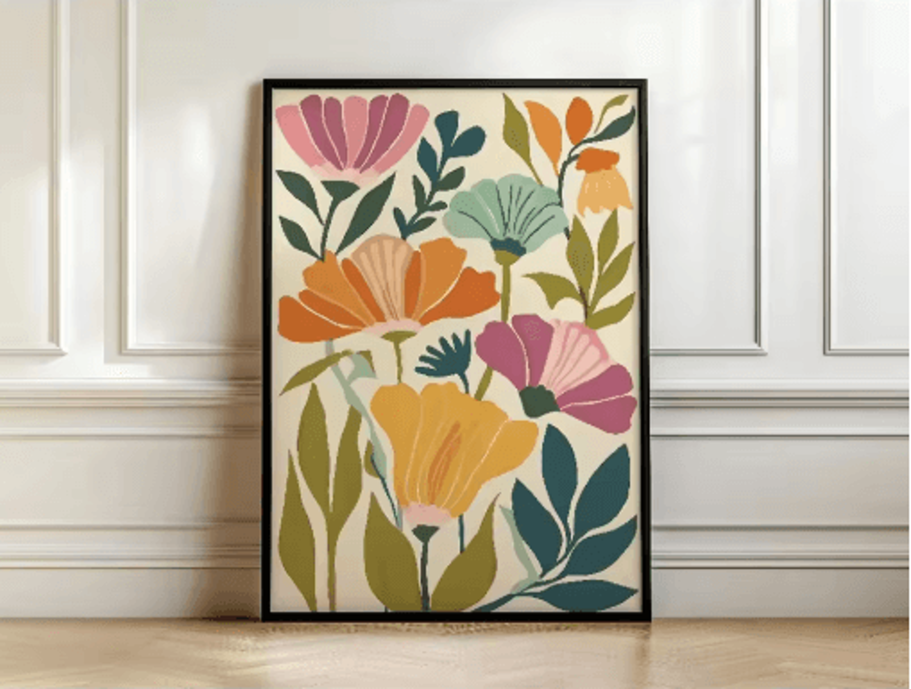 Retro Beige Floral Line Wall Art Minimalist Neutral Canvas Print Frameless 2