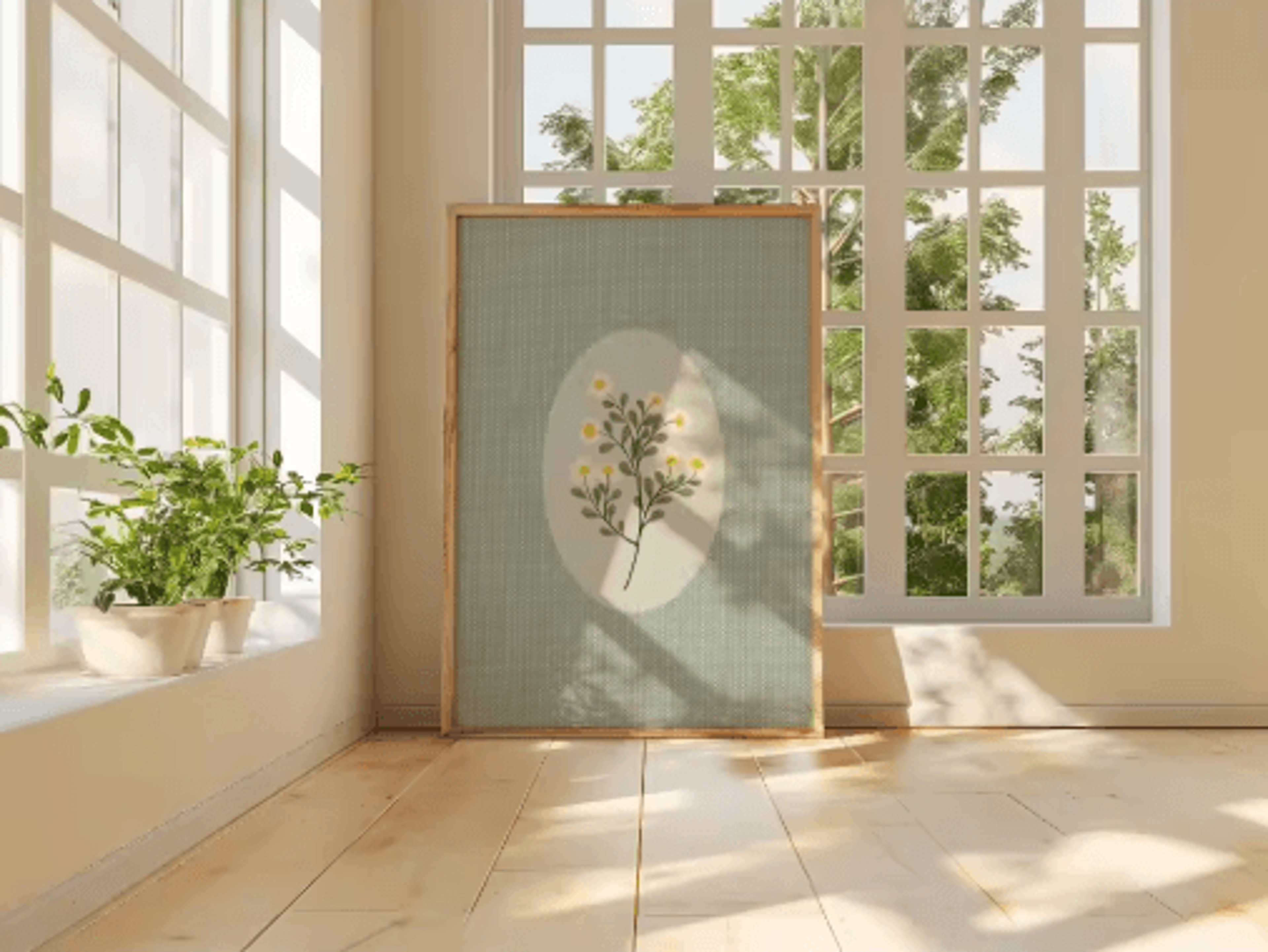 Retro Beige Floral Line Wall Art Minimalist Neutral Canvas Print Frameless 16