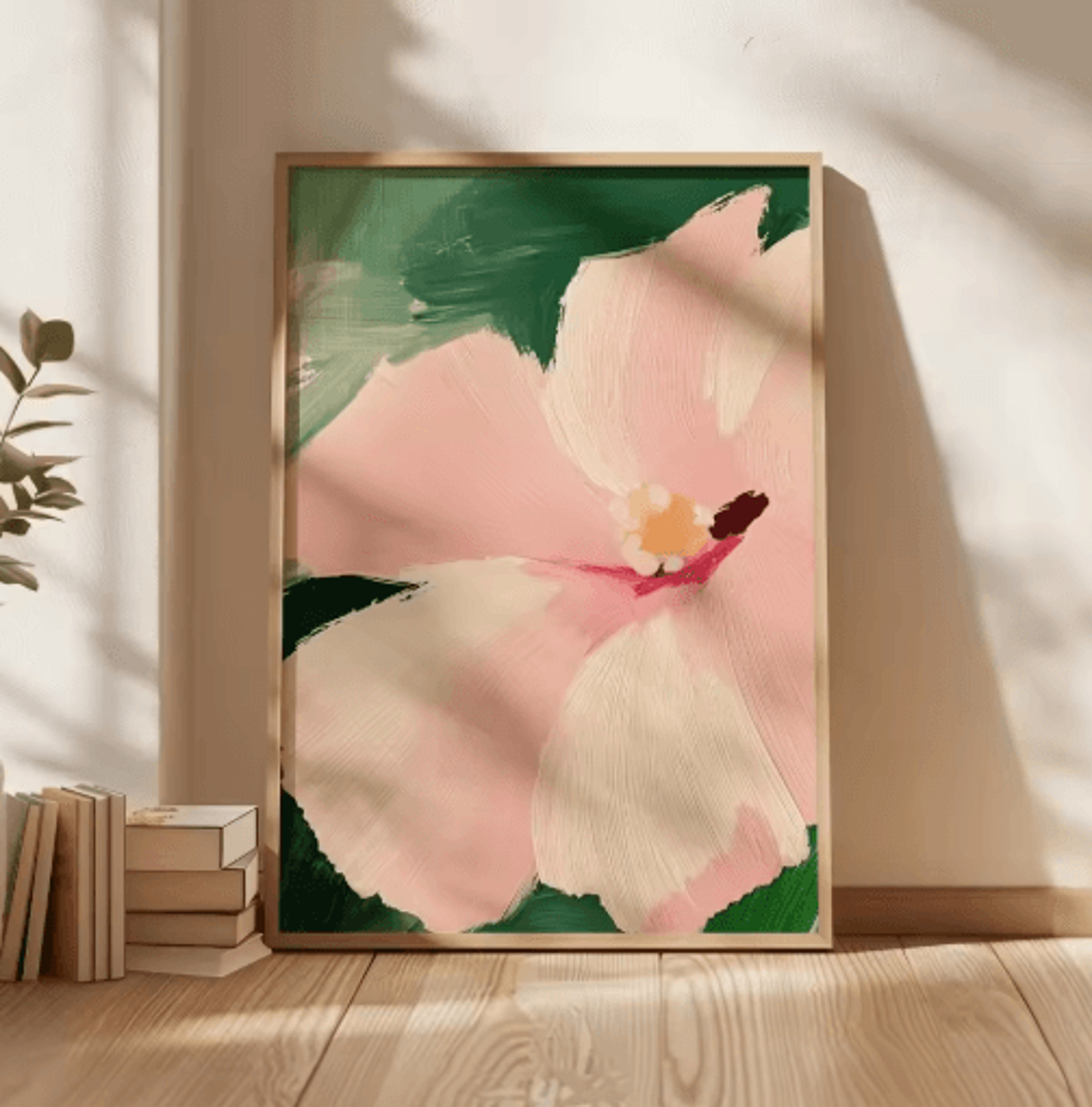 Retro Beige Floral Line Wall Art Minimalist Neutral Canvas Print Frameless 19