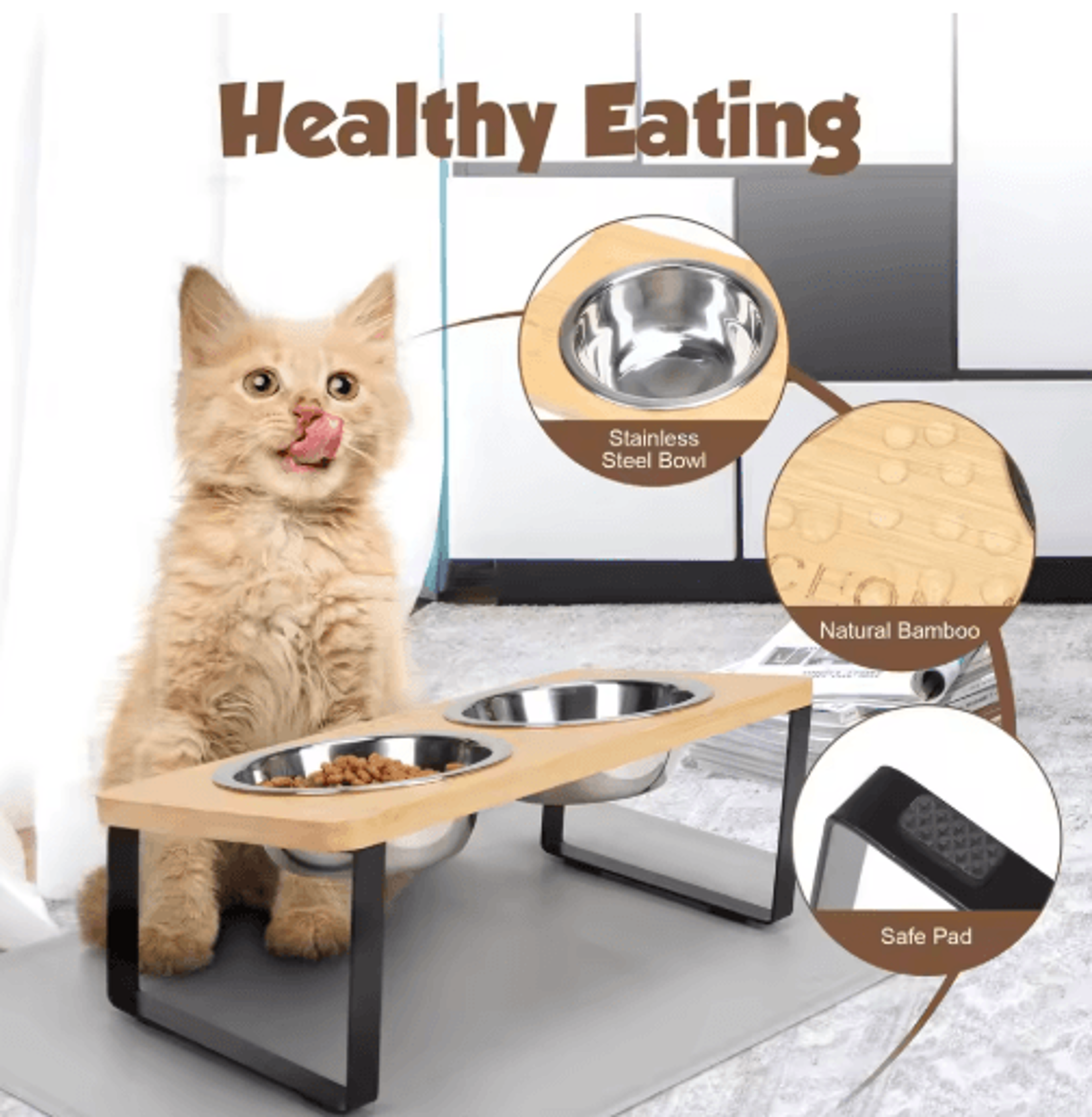 PurrEase Elevated Stainless Steel Cat Bowls With 15 Tilt  Food Mat 5