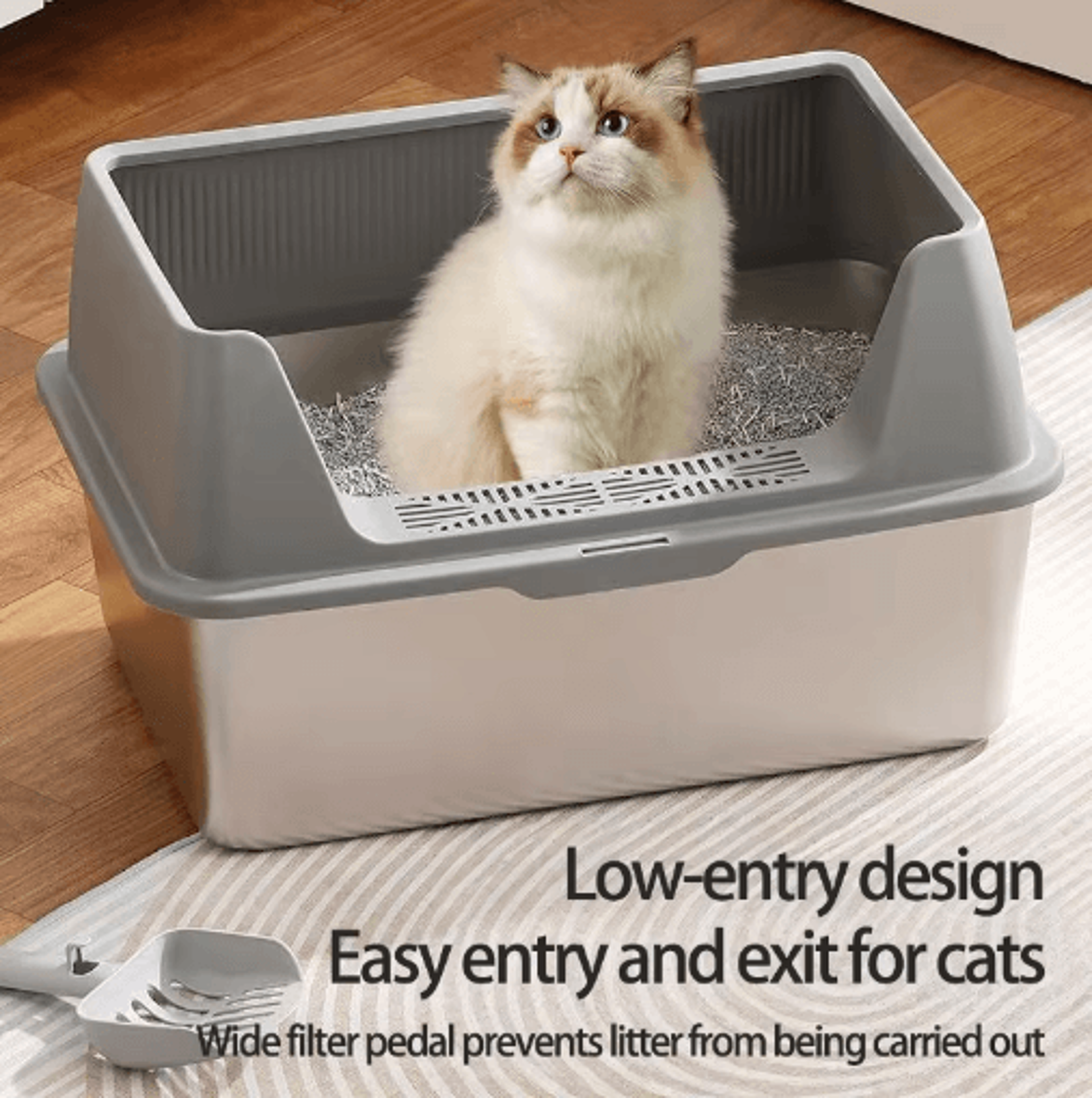 Stainless Steel HighSided Cat Litter Box With Lid  Scoop  LeakProof Large Cat Toilet 4