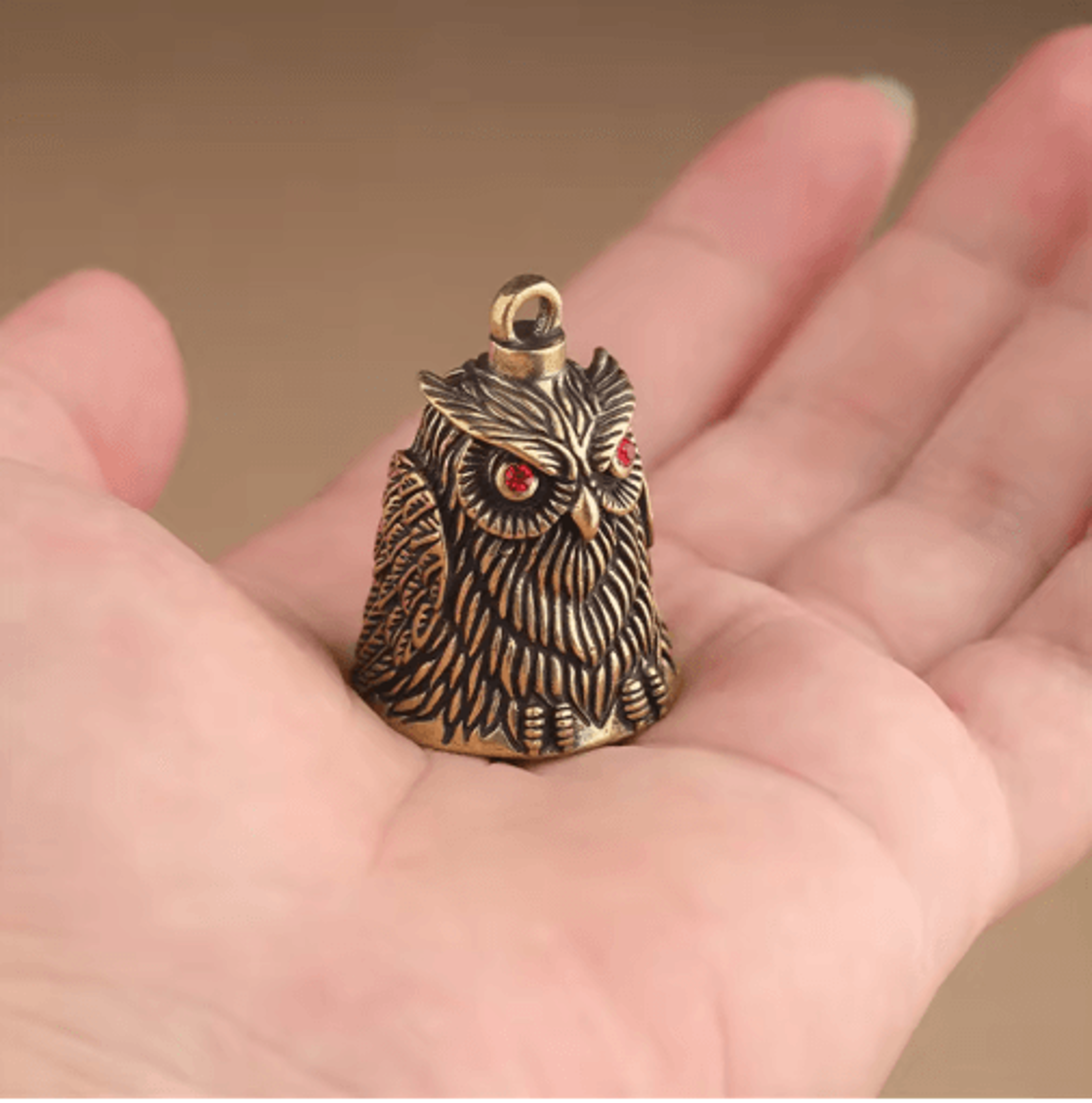 HandCarved Brass Owl Bell Good Luck Ornament 2