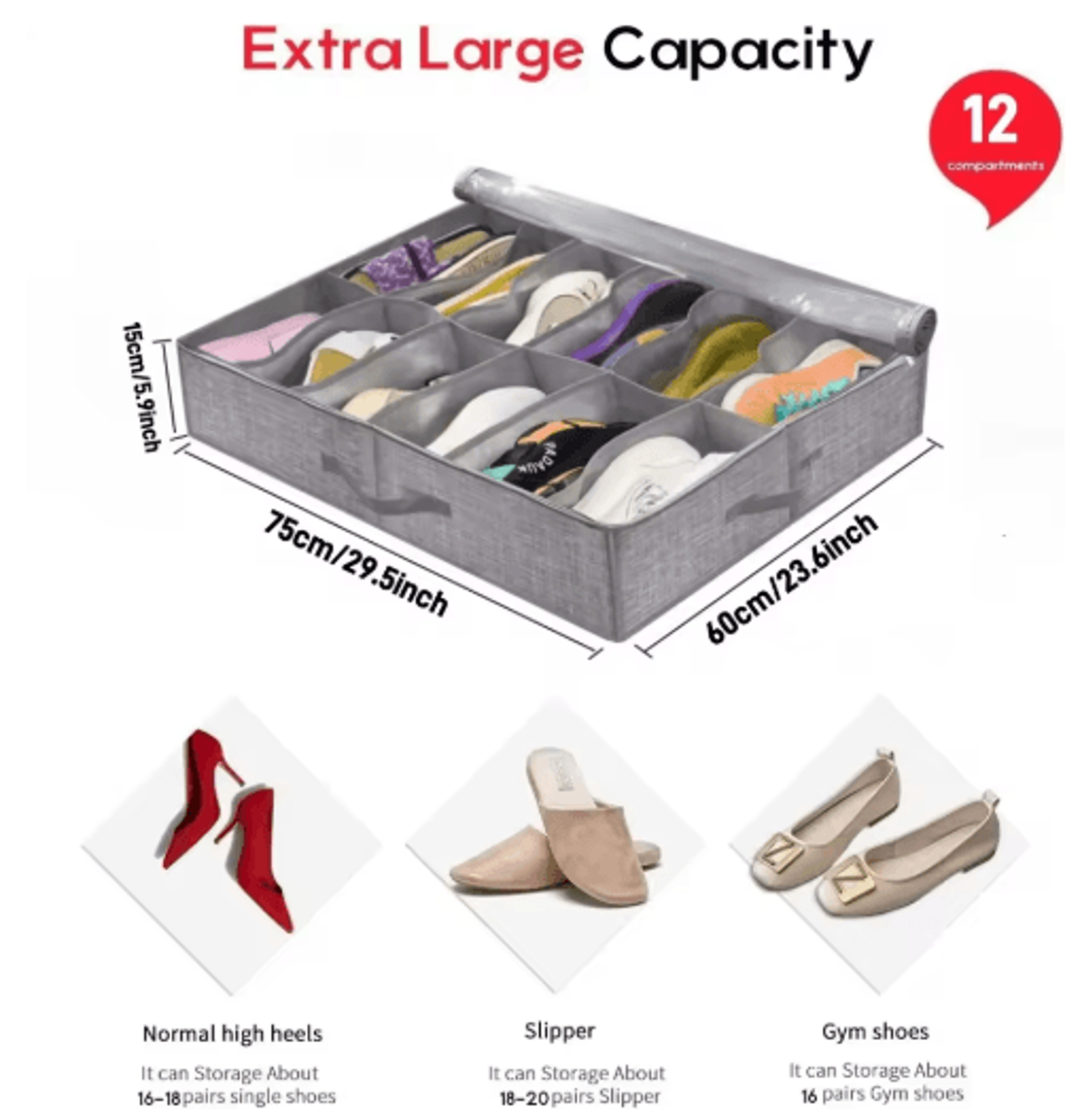 12Pair Under Bed Shoe Organizer  Collapsible Storage Box With Reinforced Handles 7