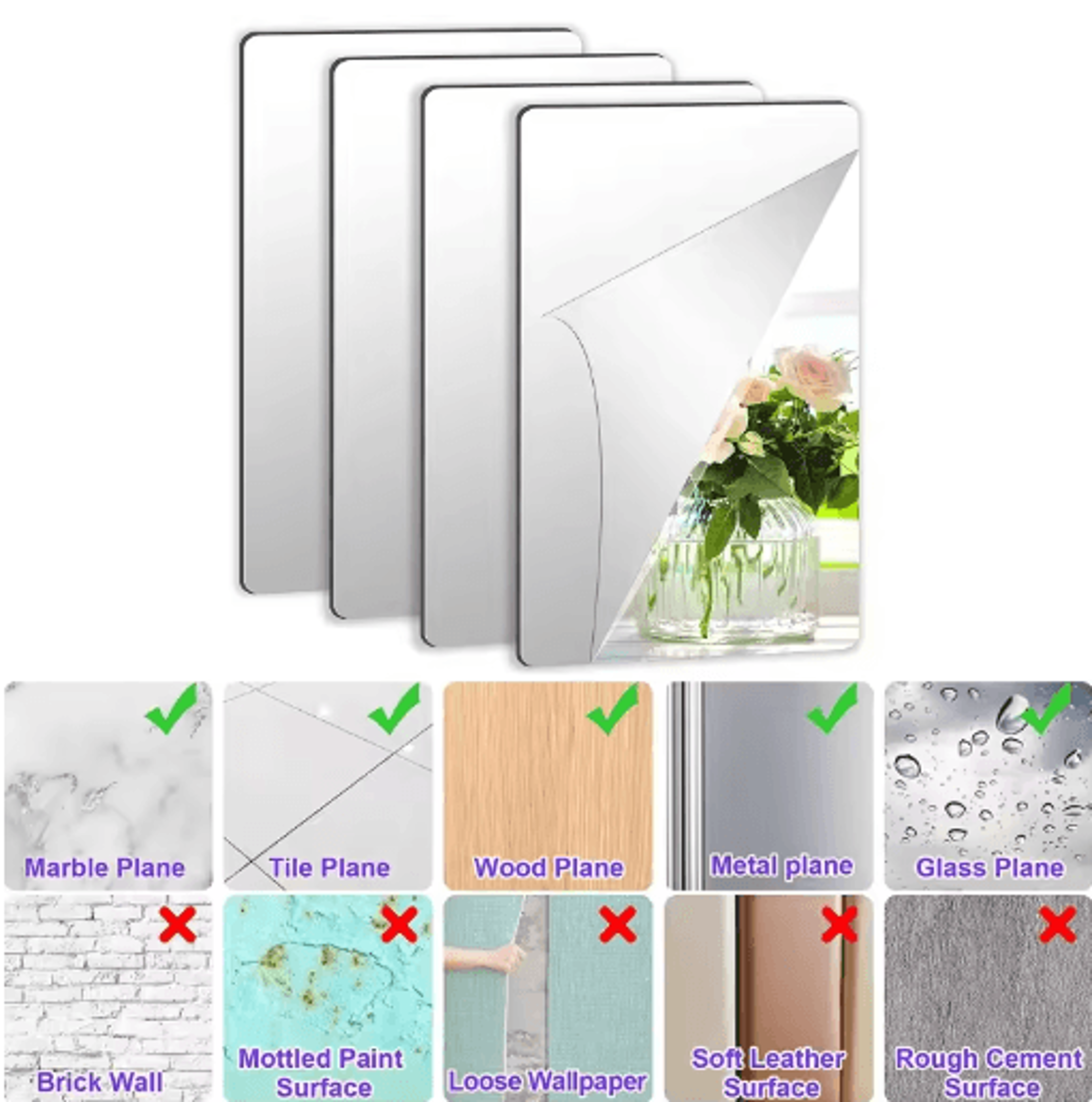4Pcs Flexible Acrylic Mirror Sheets  NonGlass DIY Wall Mirror Tiles With Adhesive Stickers 5