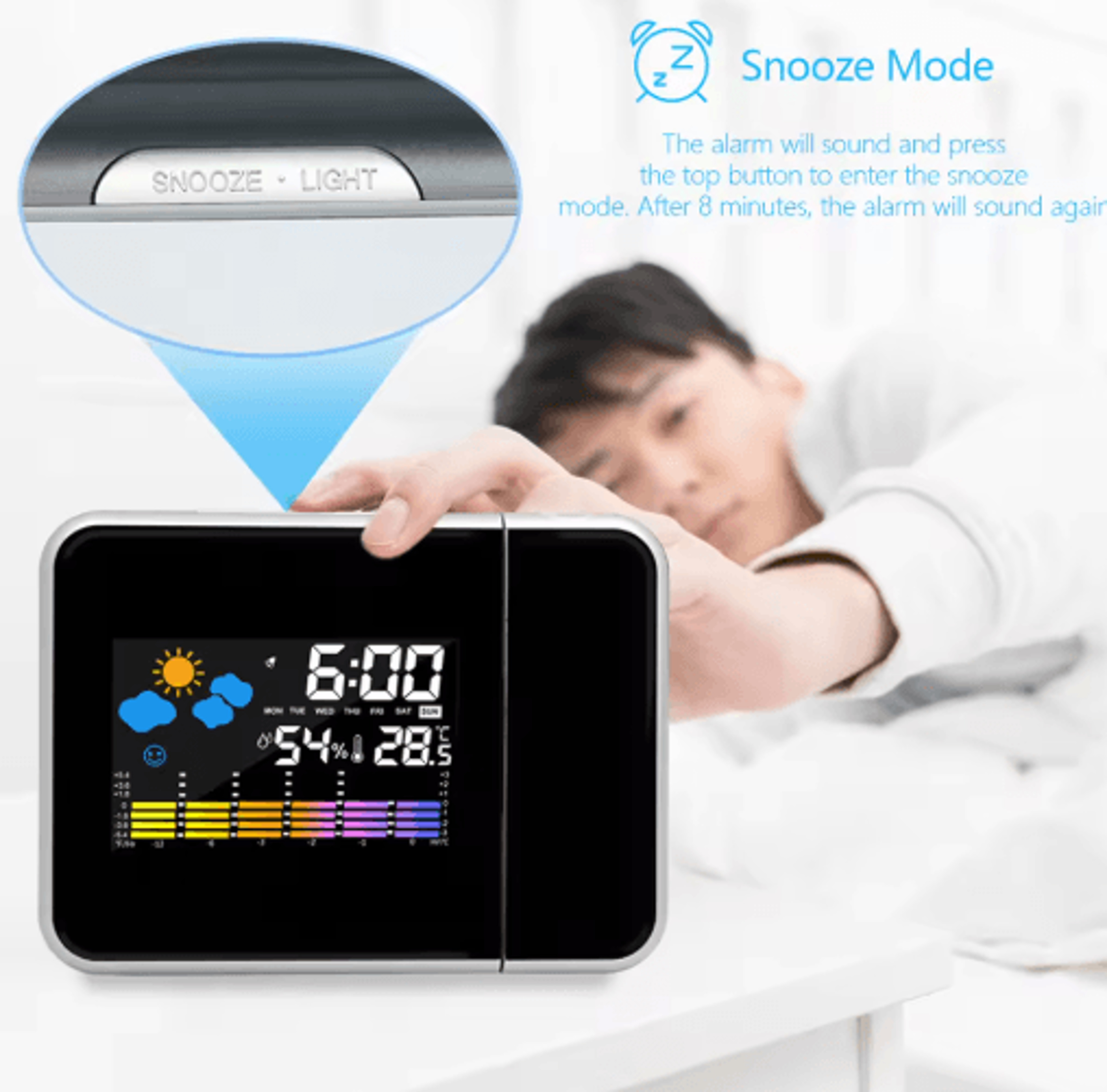 Smart LED Projection Alarm Clock  Adjustable Projector With Temperature  Humidity Display 7