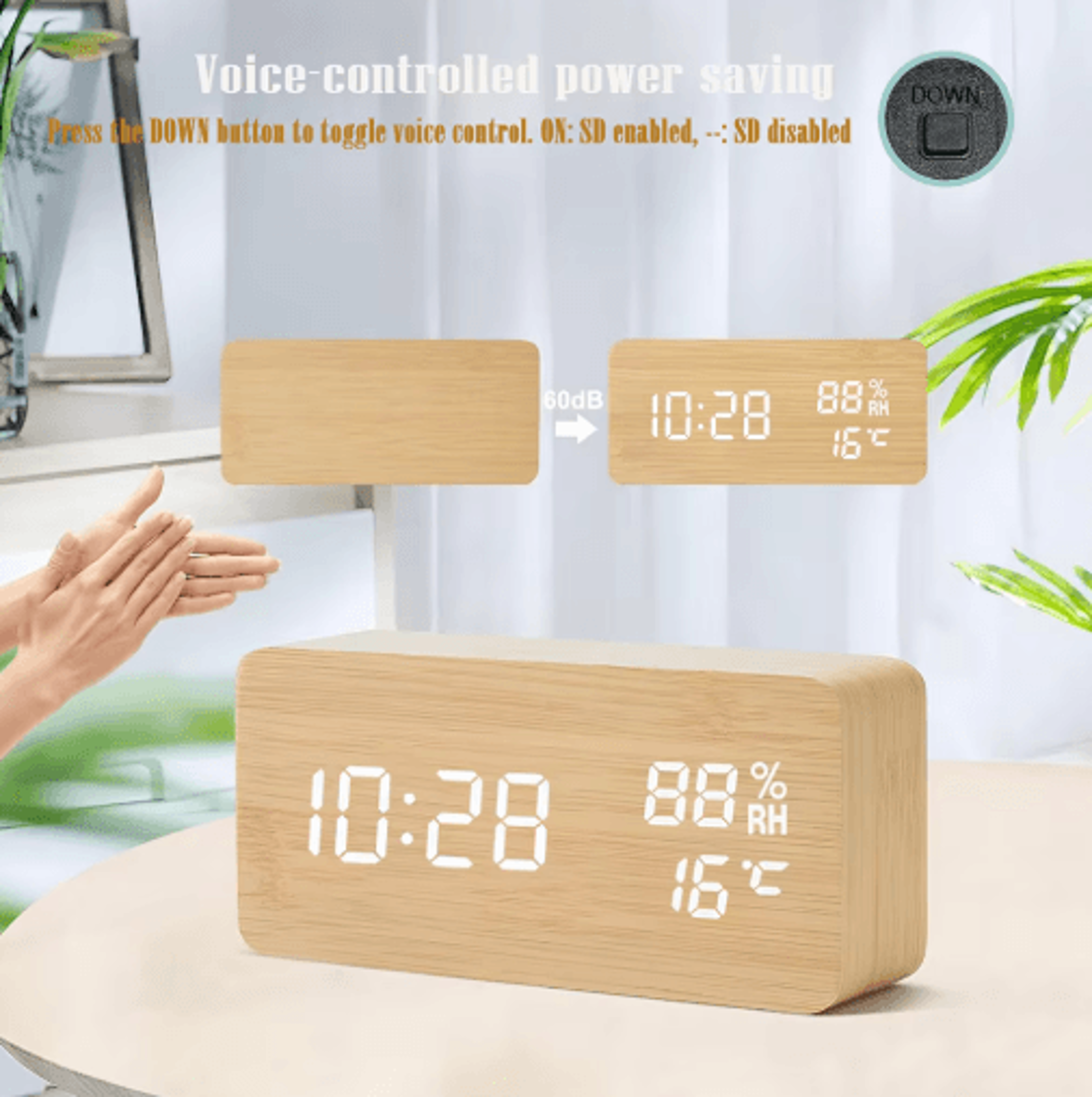 Wooden Digital Alarm Clock  LED Desk Clock With Temperature  Humidity Display 6