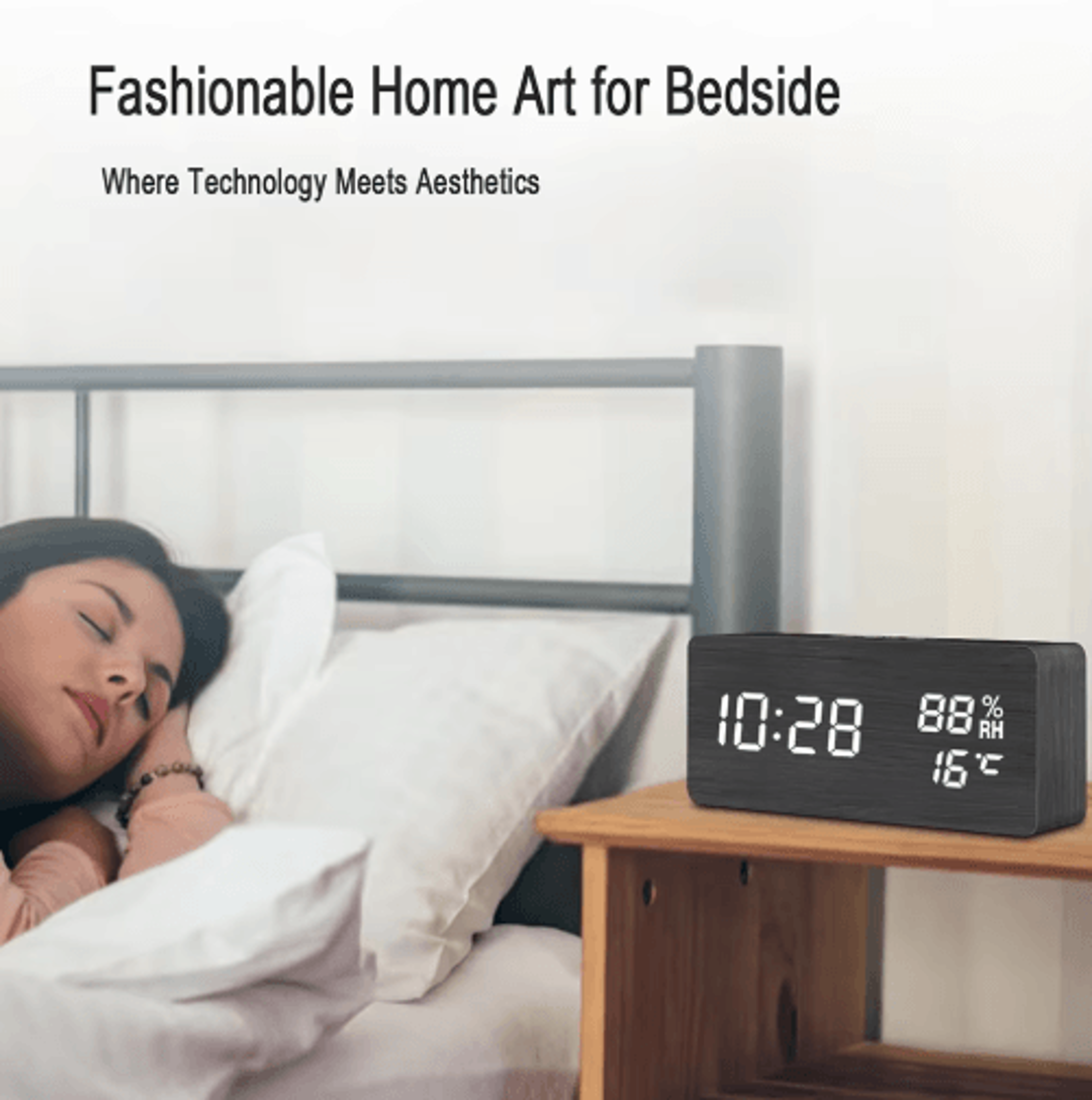 Wooden Digital Alarm Clock  LED Desk Clock With Temperature  Humidity Display 4