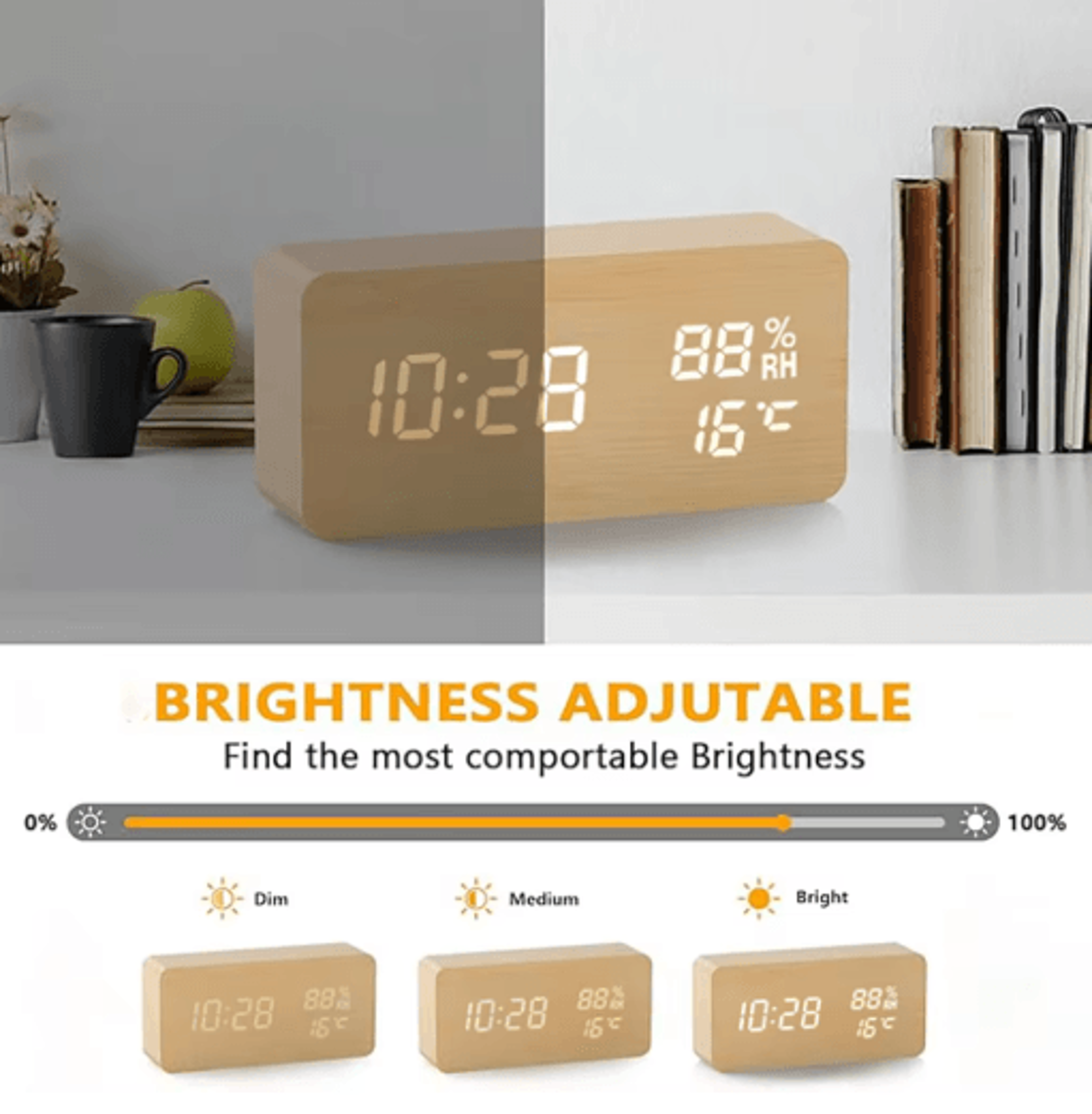 Wooden Digital Alarm Clock  LED Desk Clock With Temperature  Humidity Display 5