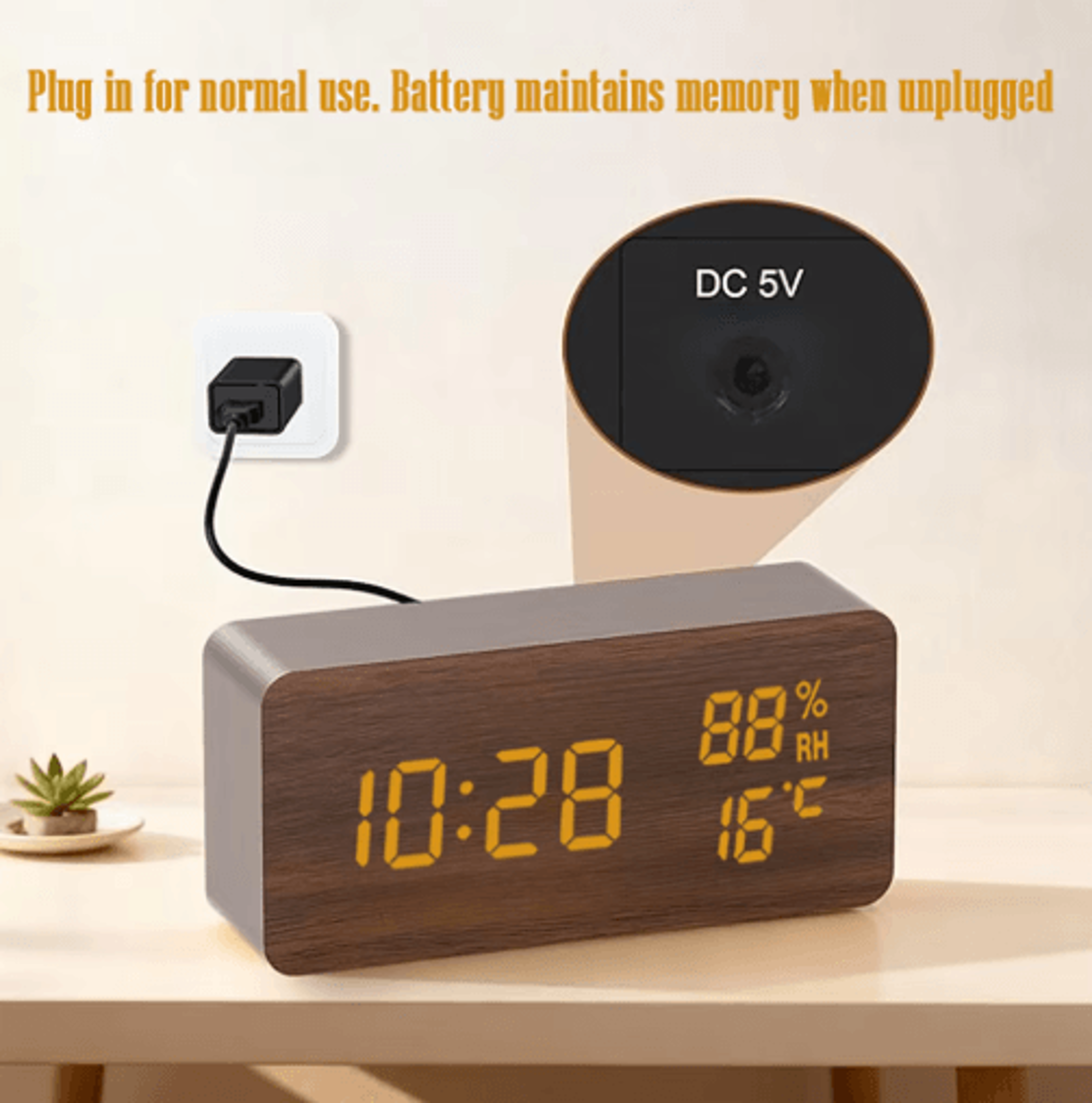 Wooden Digital Alarm Clock  LED Desk Clock With Temperature  Humidity Display 8