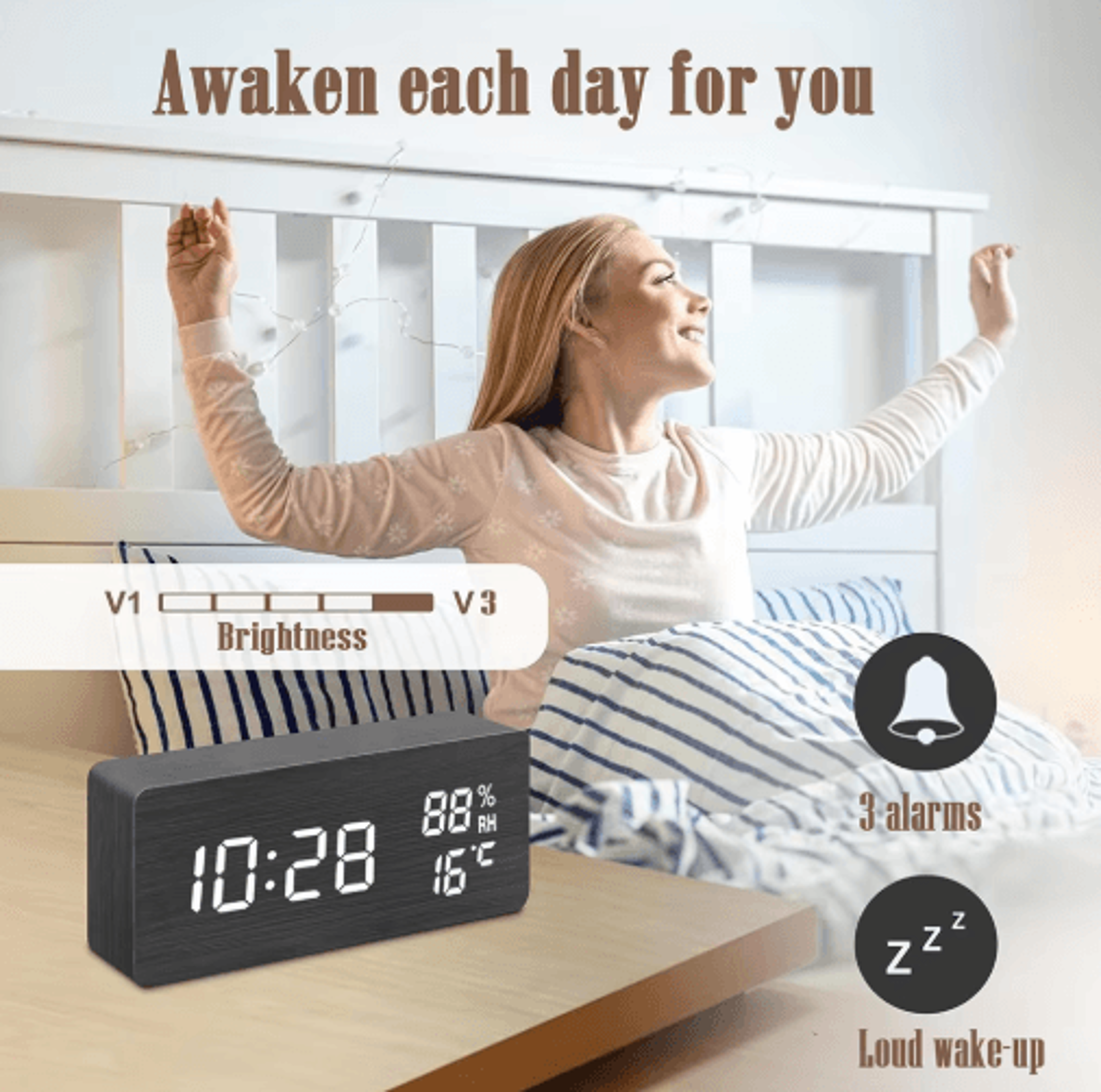 Wooden Digital Alarm Clock  LED Desk Clock With Temperature  Humidity Display 7