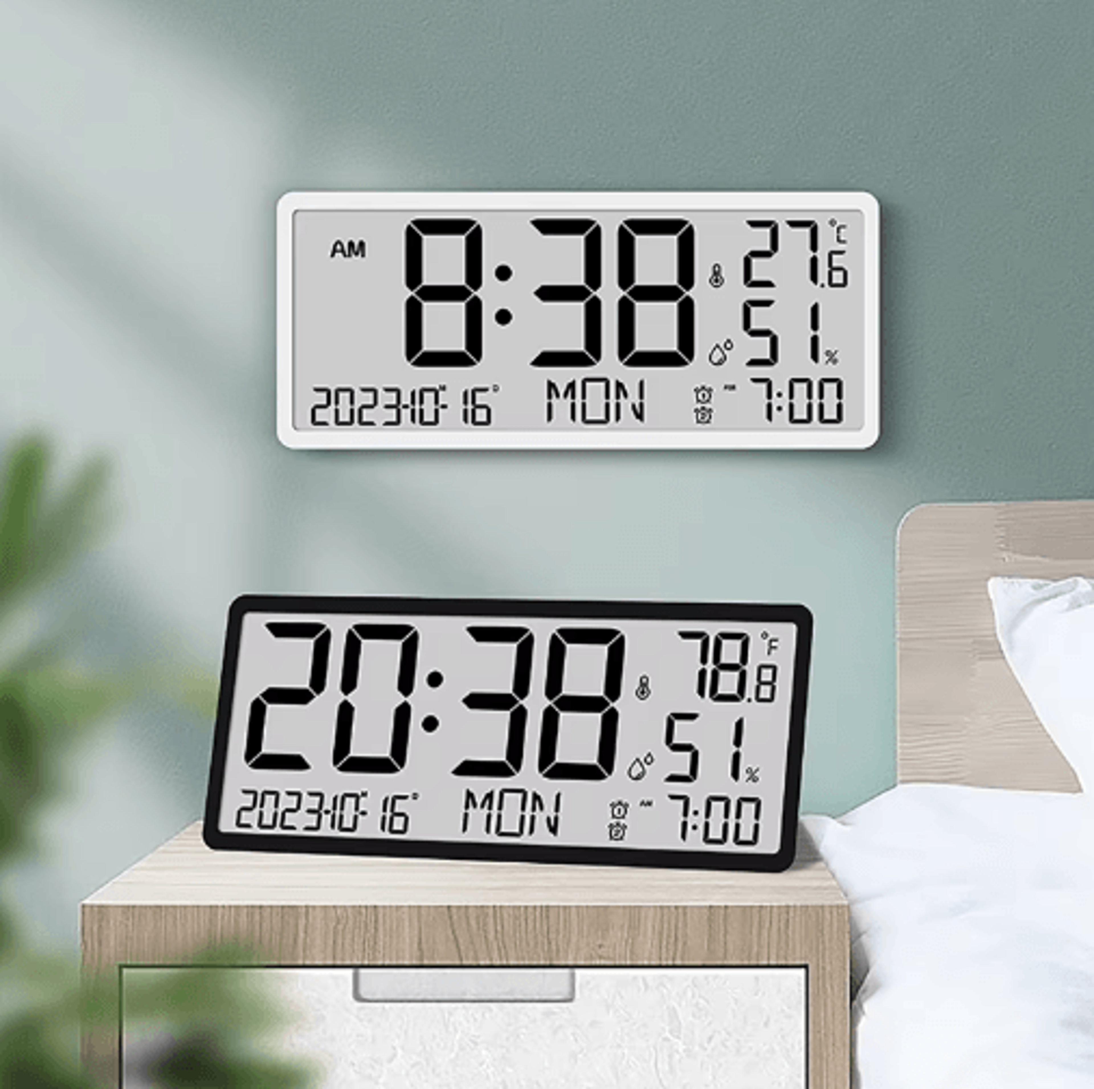Large LCD Wall Clock  Temperature Humidity  Multifunctional Alarm Display 4