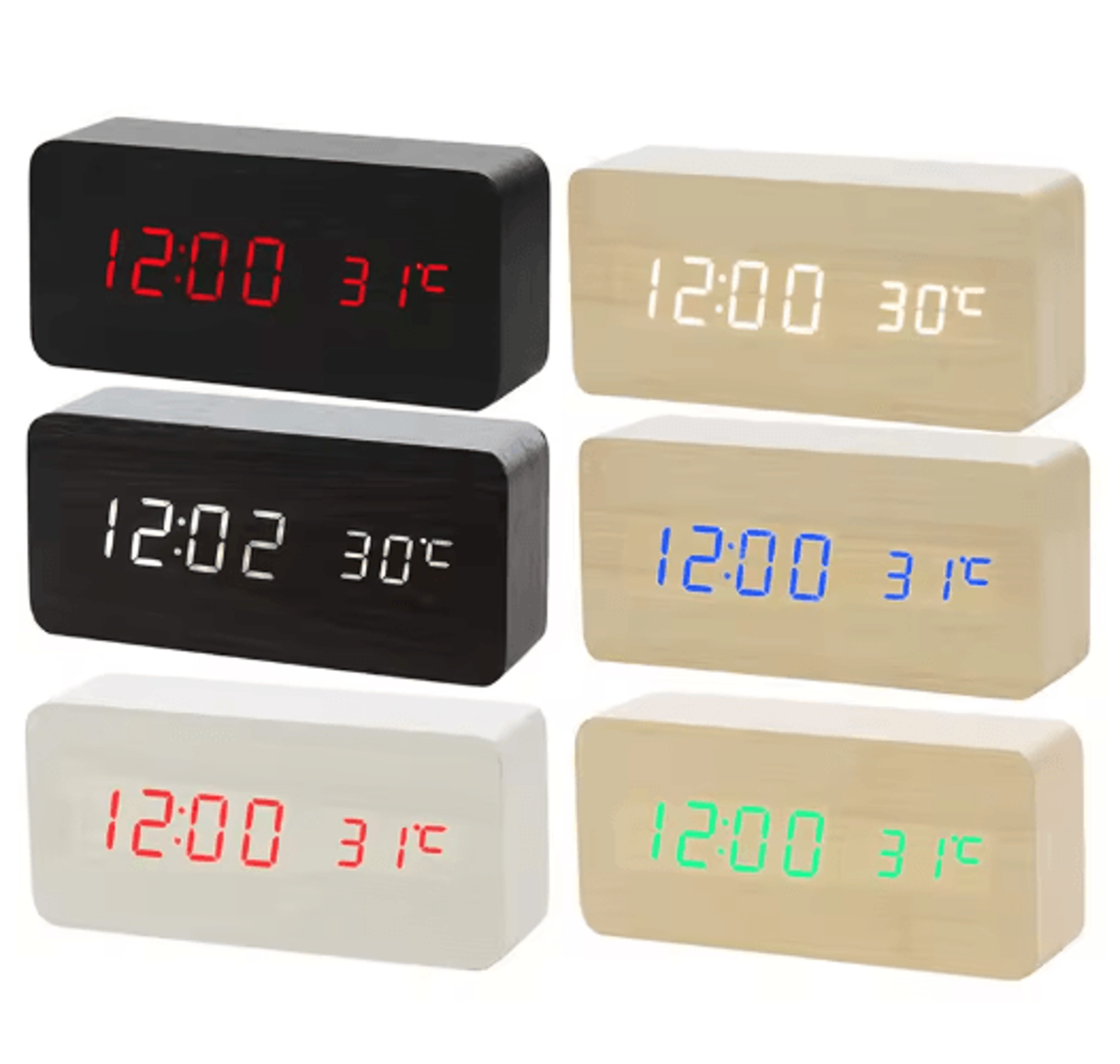 Wood Square Digital Alarm Clock  Voice Control LED Desk Clock With Snooze 13