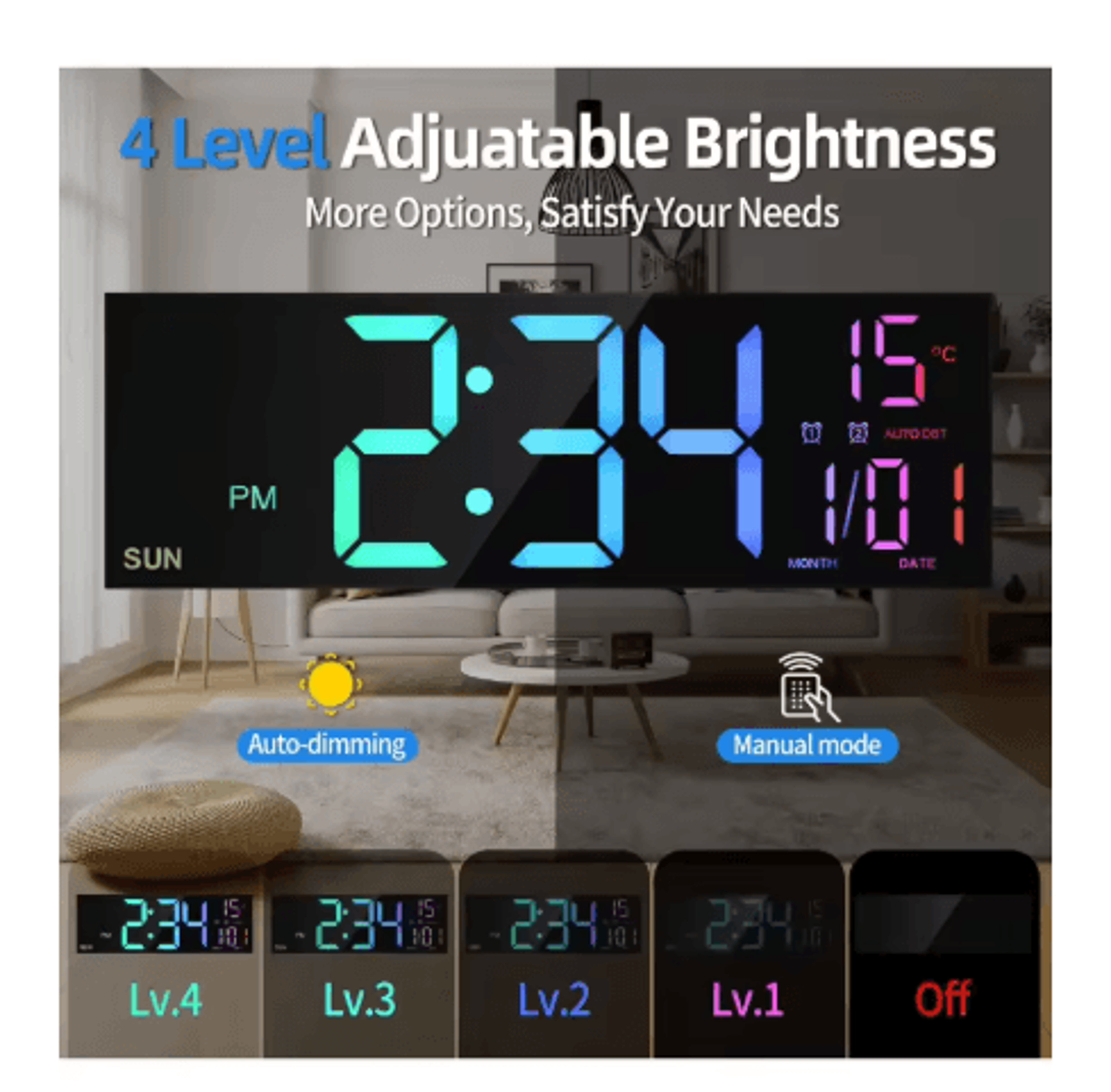 162Inch RGB Digital Wall Clock  Large LED Display With Dual Alarms  Remote 4