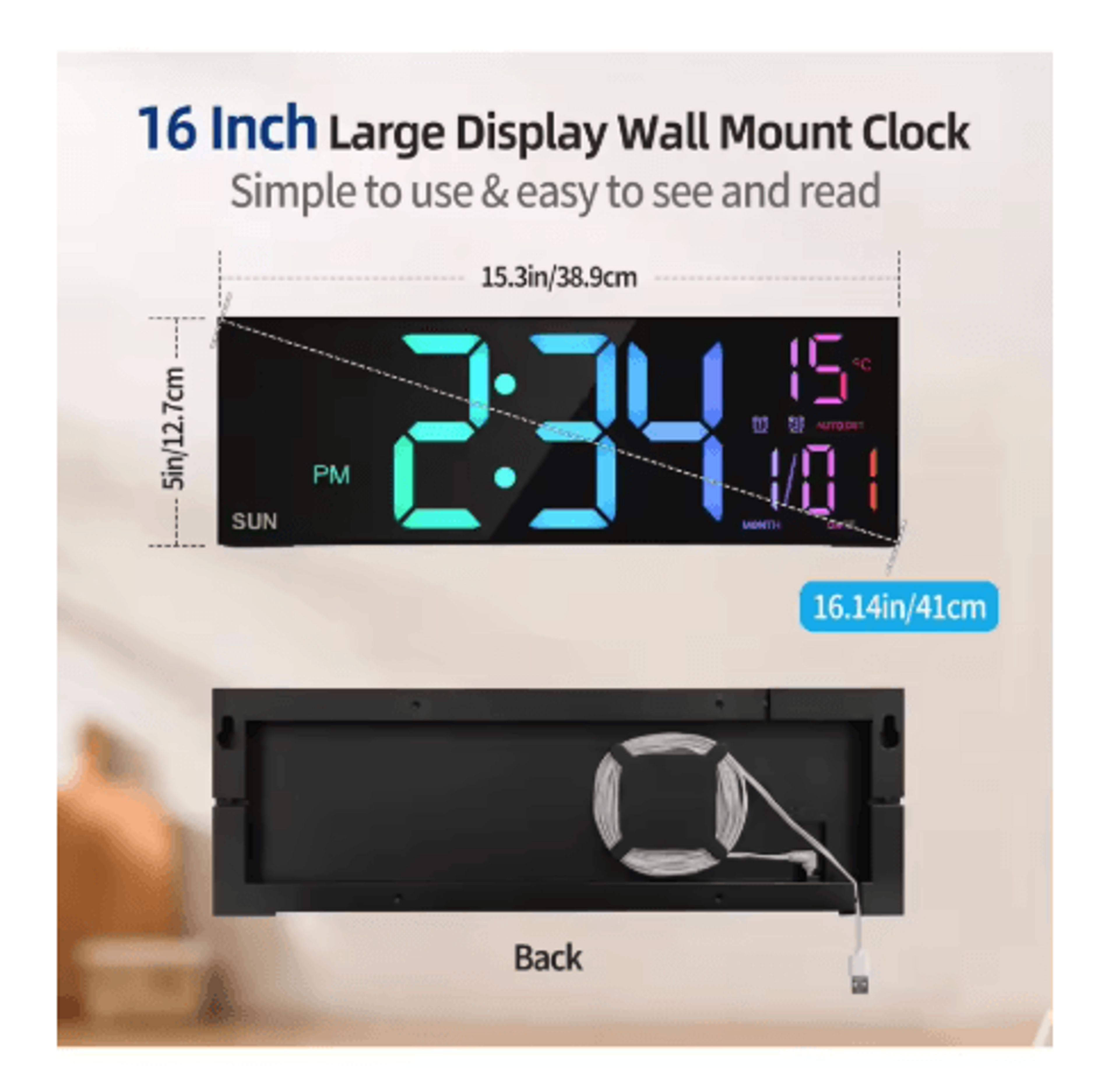 162Inch RGB Digital Wall Clock  Large LED Display With Dual Alarms  Remote 5