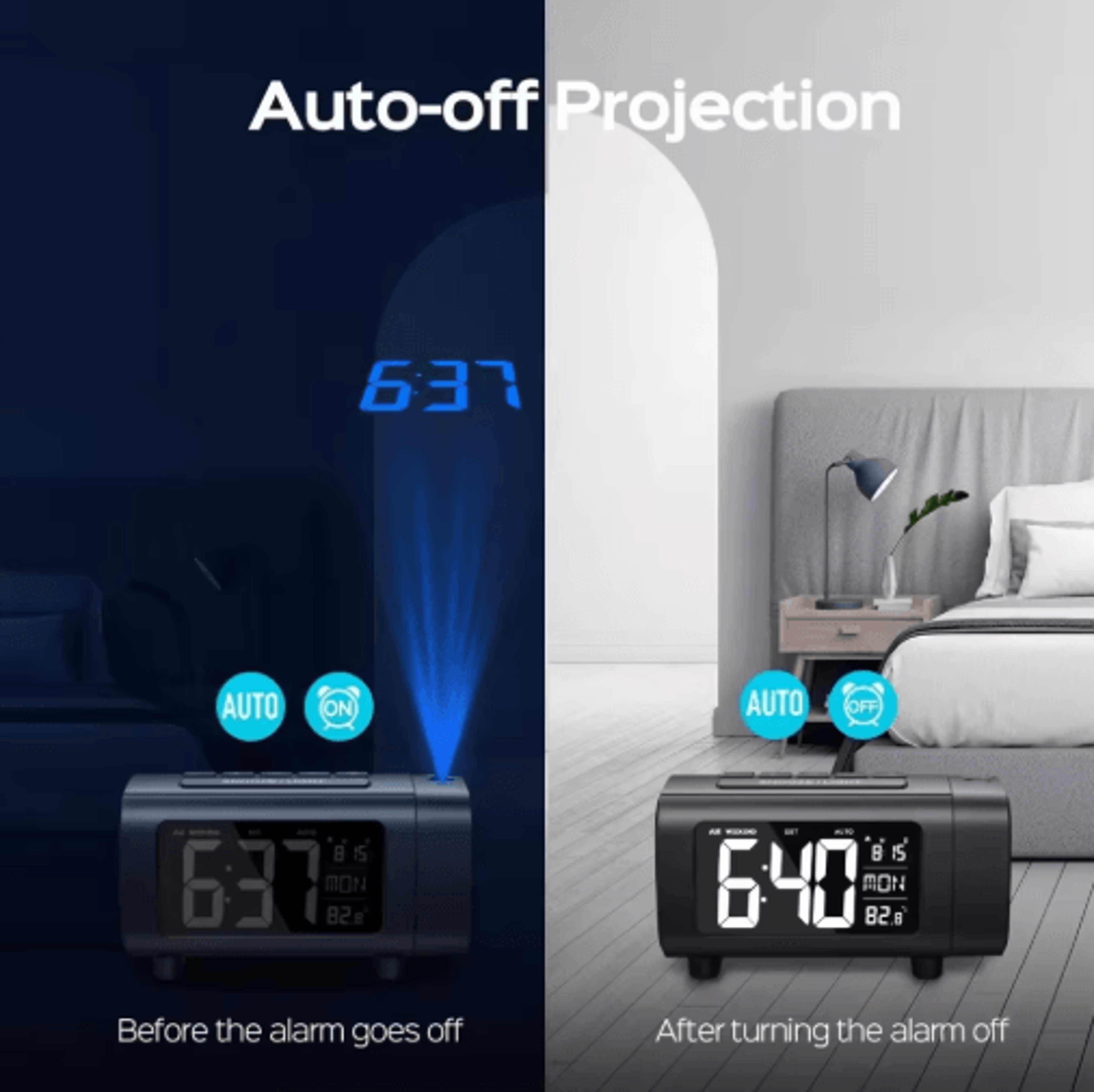180 Projection Alarm Clock Radio  Digital Bedside Clock With Snooze  USB Charging 5