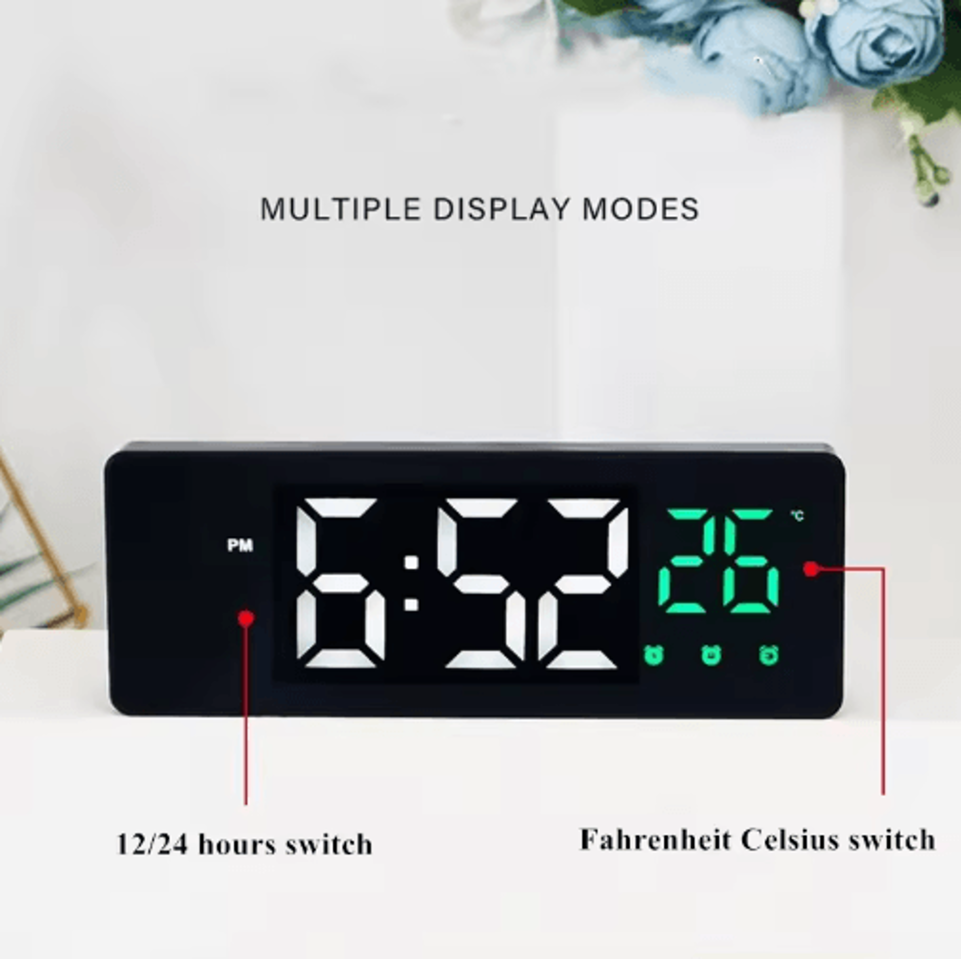 Voice Control Mirror LED Alarm Clock  3 Alarms Temperature  Date Display 7
