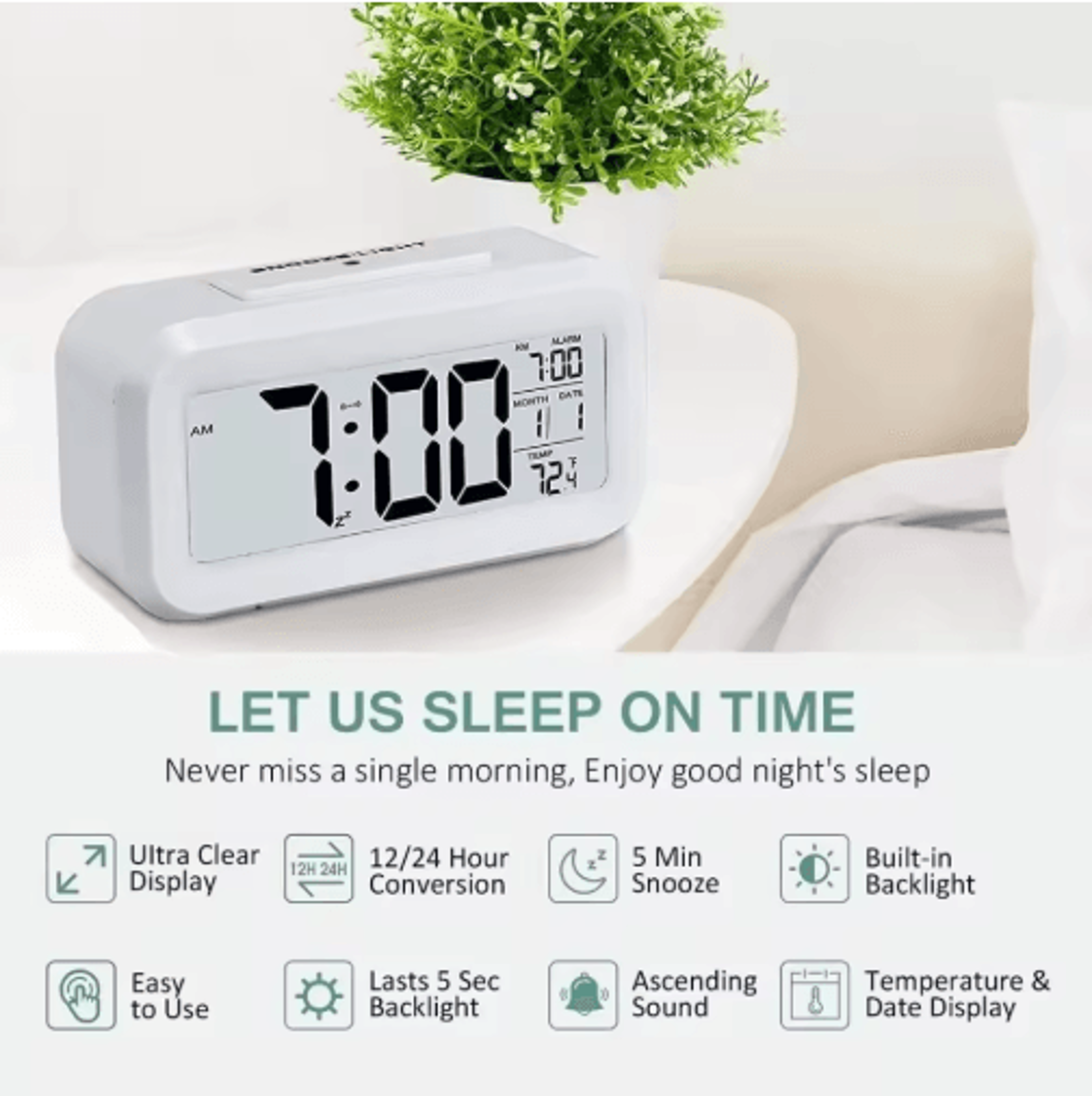 LED Digital Alarm Clock  Backlit Desk Clock With Snooze  Calendar 8
