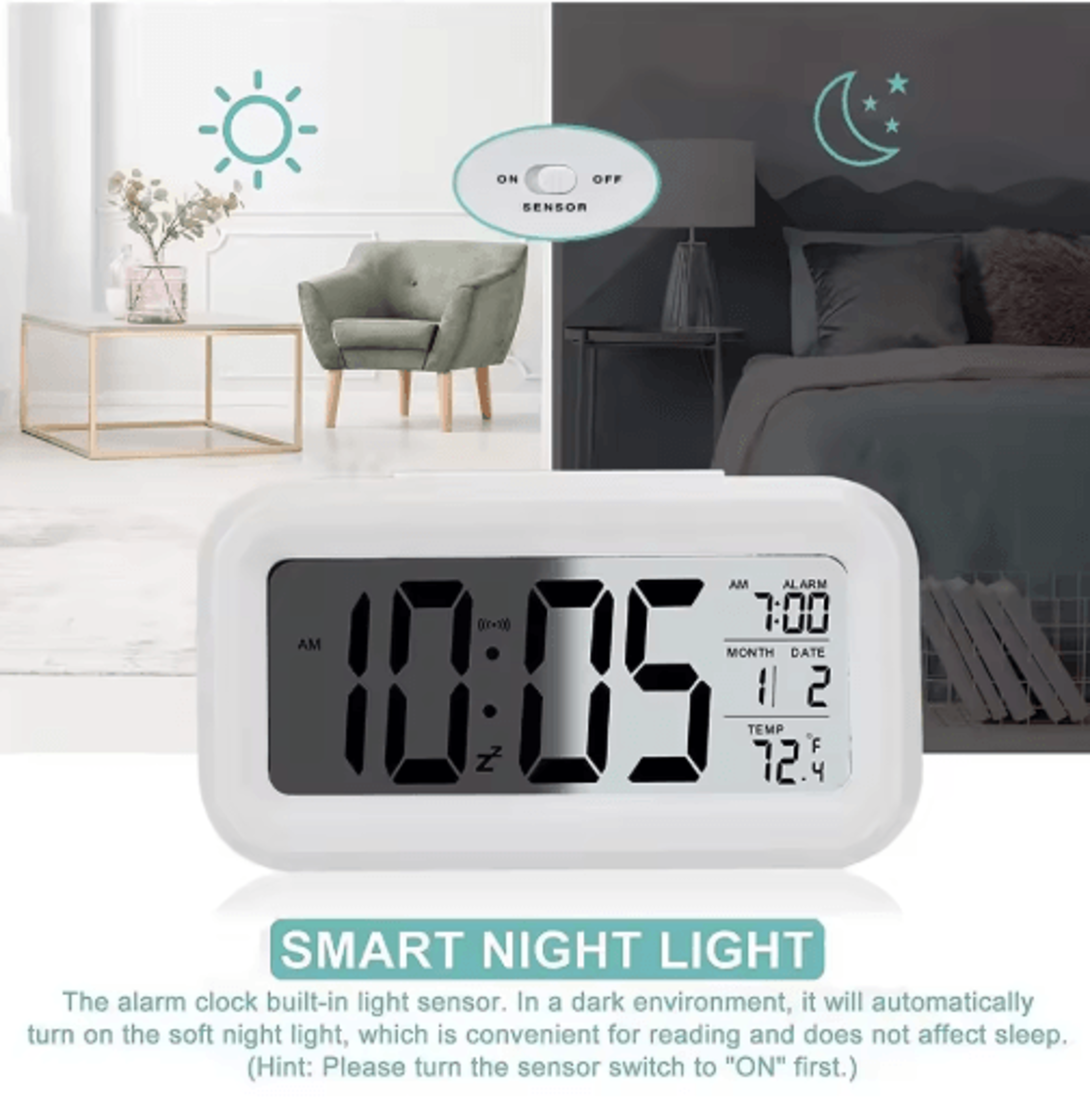 LED Digital Alarm Clock  Backlit Desk Clock With Snooze  Calendar 7
