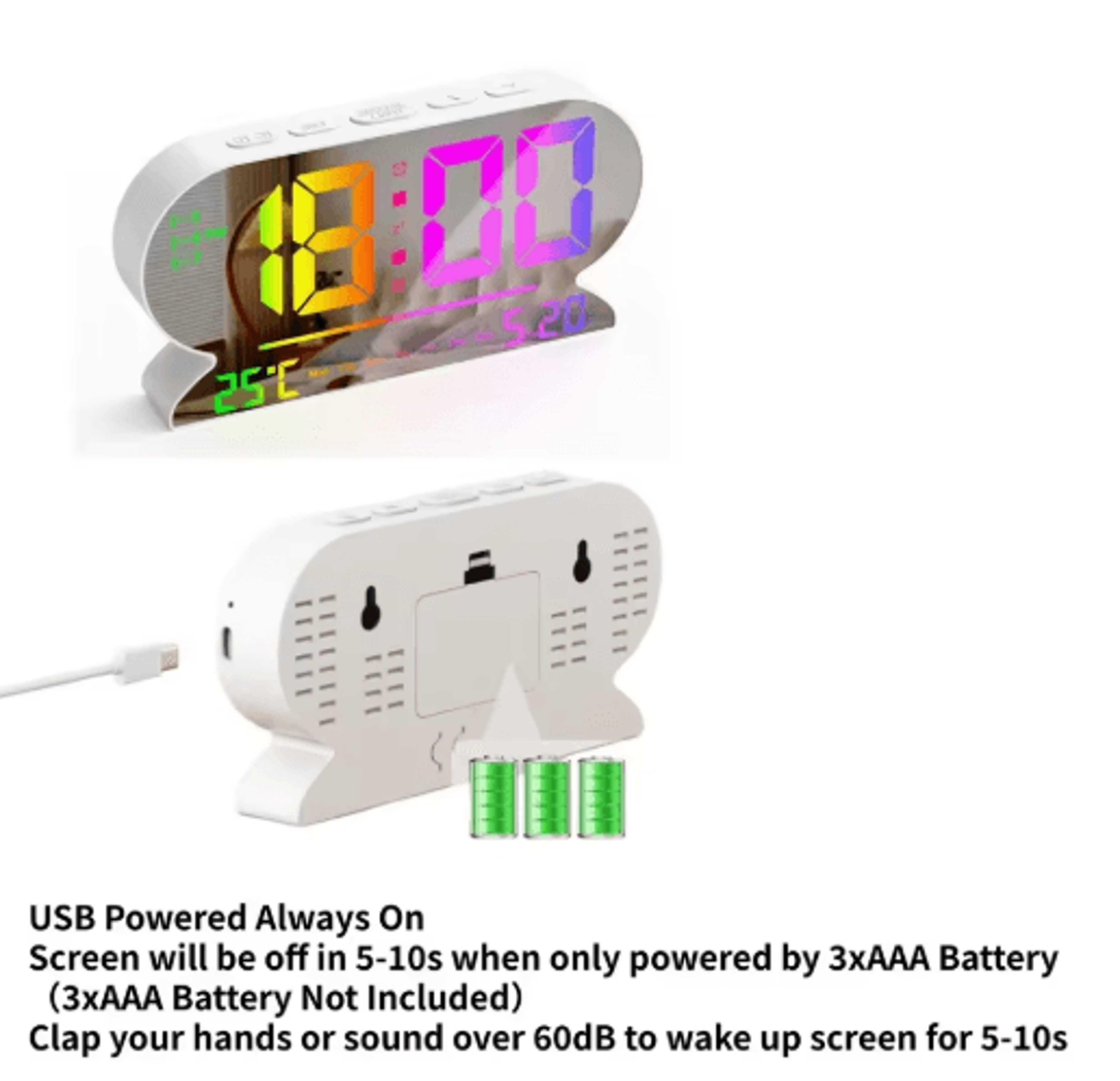 USB Digital Alarm Clock  Dual Alarms Temperature Date  Night Mode 6