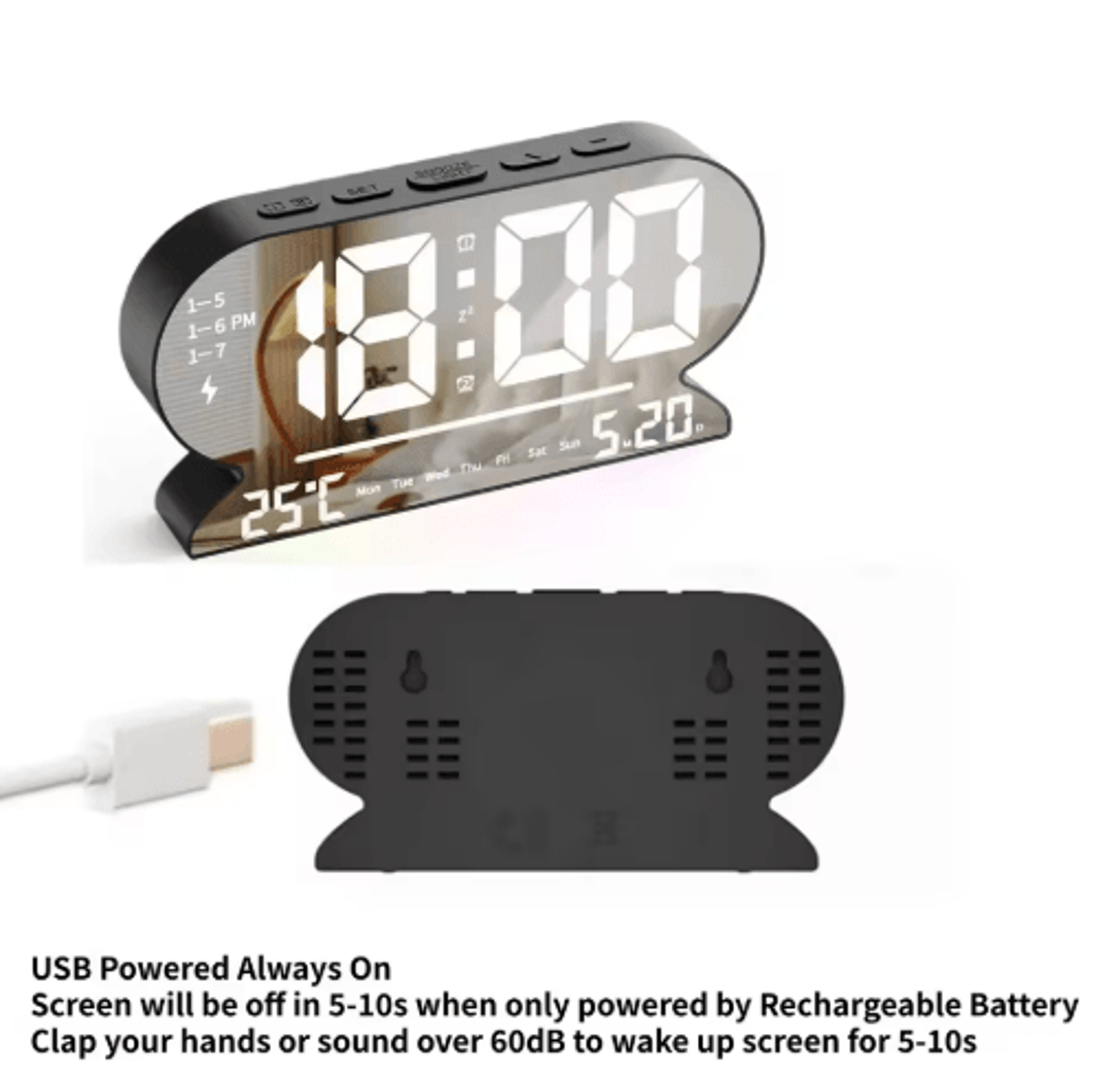 USB Digital Alarm Clock  Dual Alarms Temperature Date  Night Mode 3
